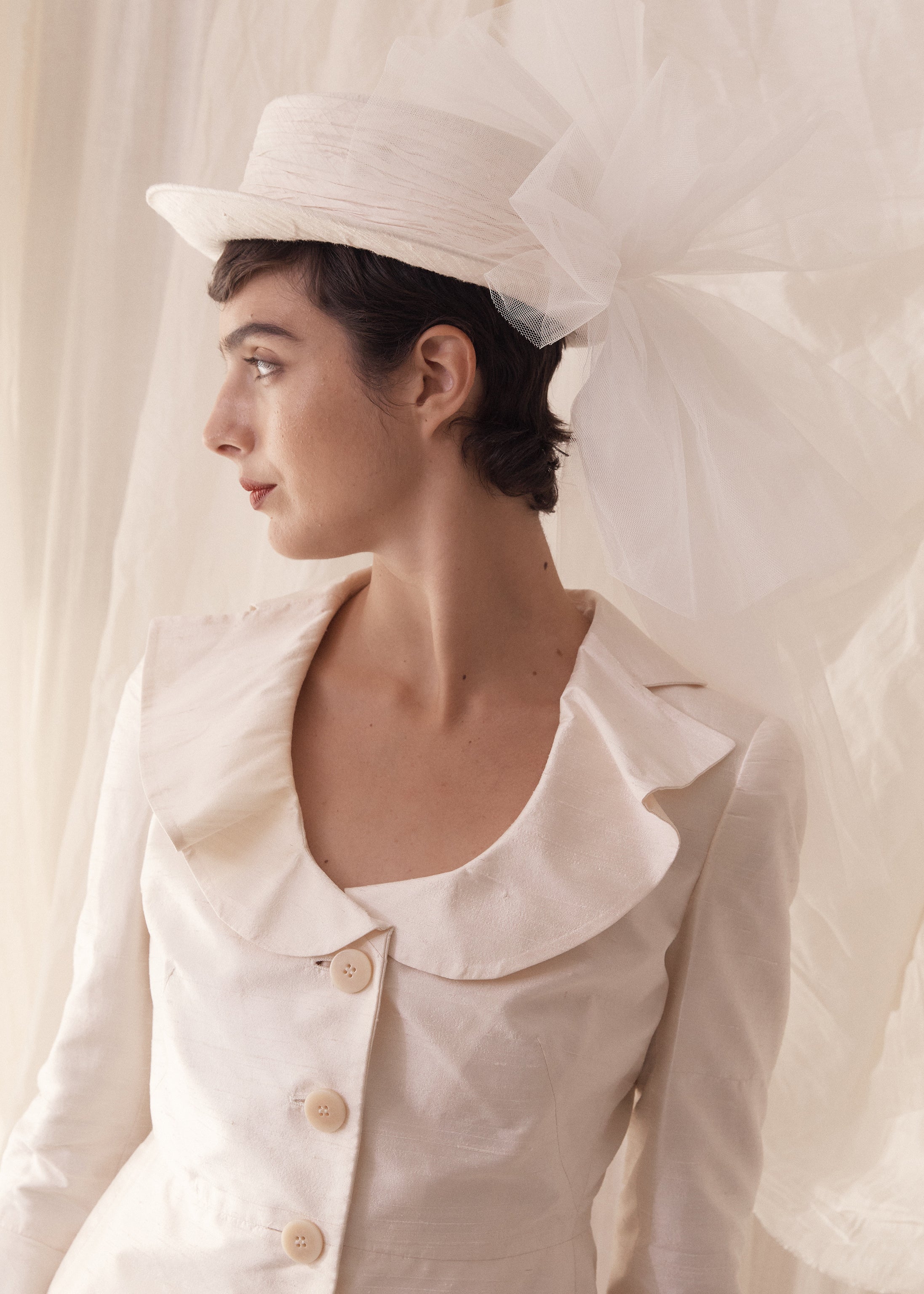 80s Silk Bridal Hat w/ Tulle Veil by Cupid's Millinery