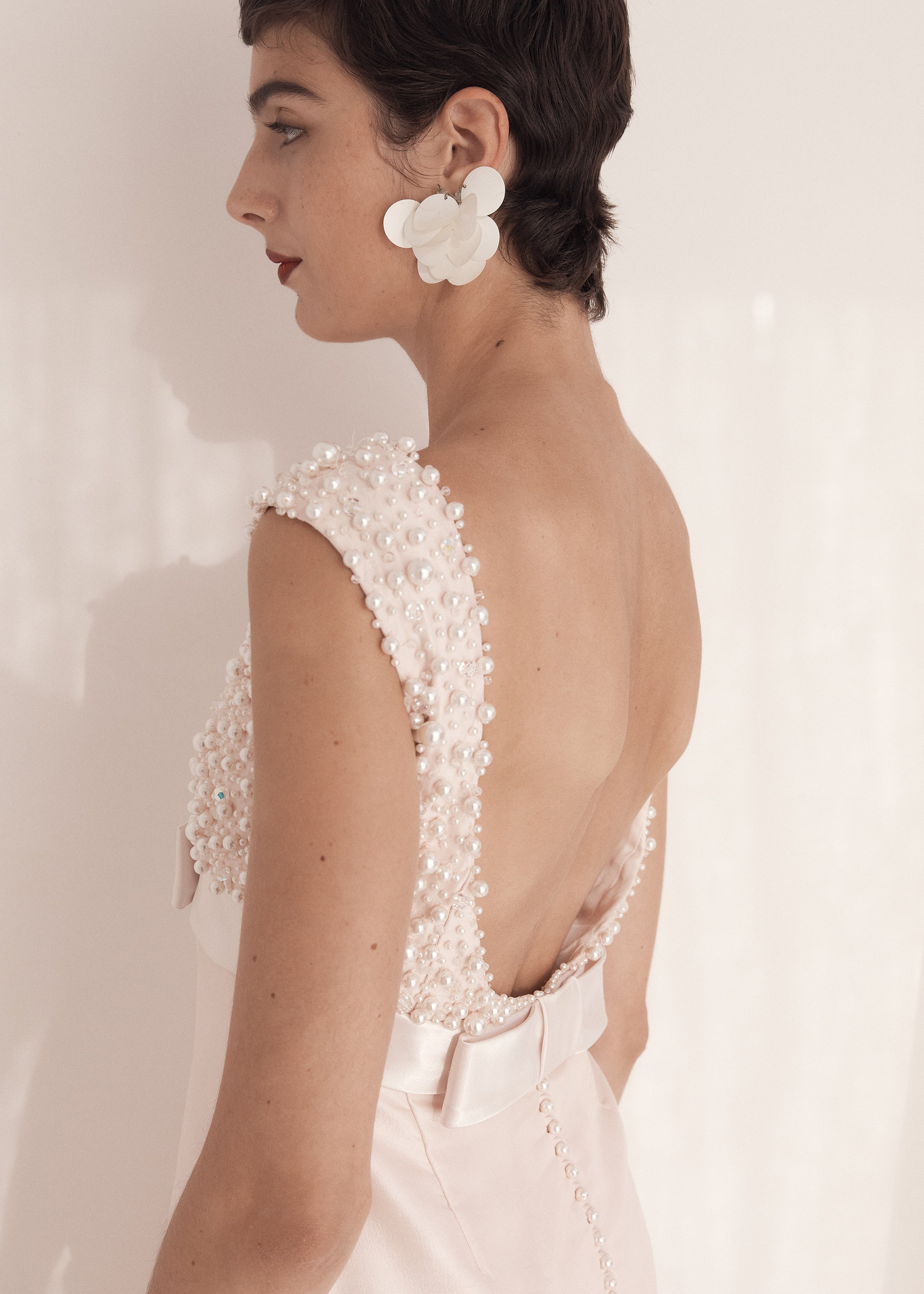 Custom 90s Thai Silk, Pearl & Swarovski Pastel Pink Wedding Gown w/ 10m Veil + Train
