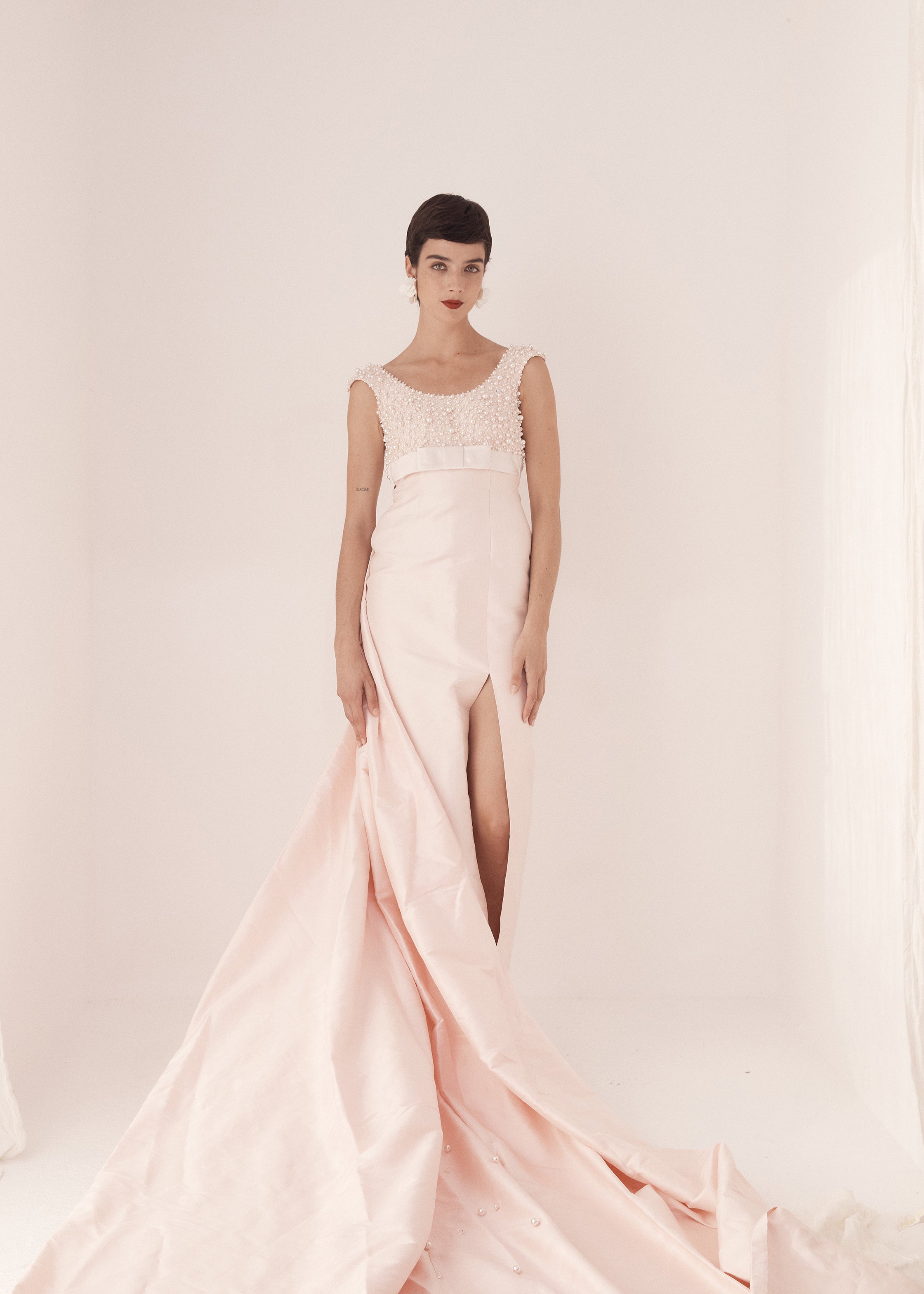Custom 90s Thai Silk, Pearl & Swarovski Pastel Pink Wedding Gown w/ 10m Veil + Train