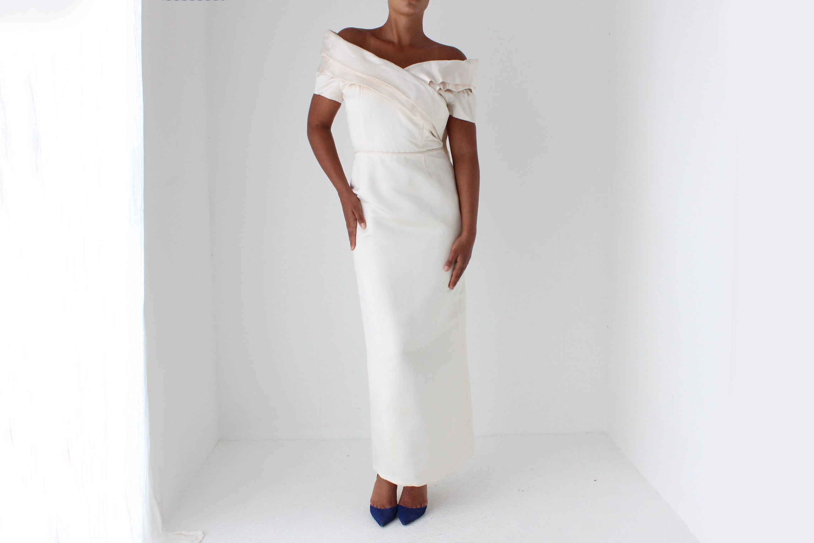 1990s Duchess Silk Off Shoulder Hourglass Gown w/ Back Bow + Detachable Train