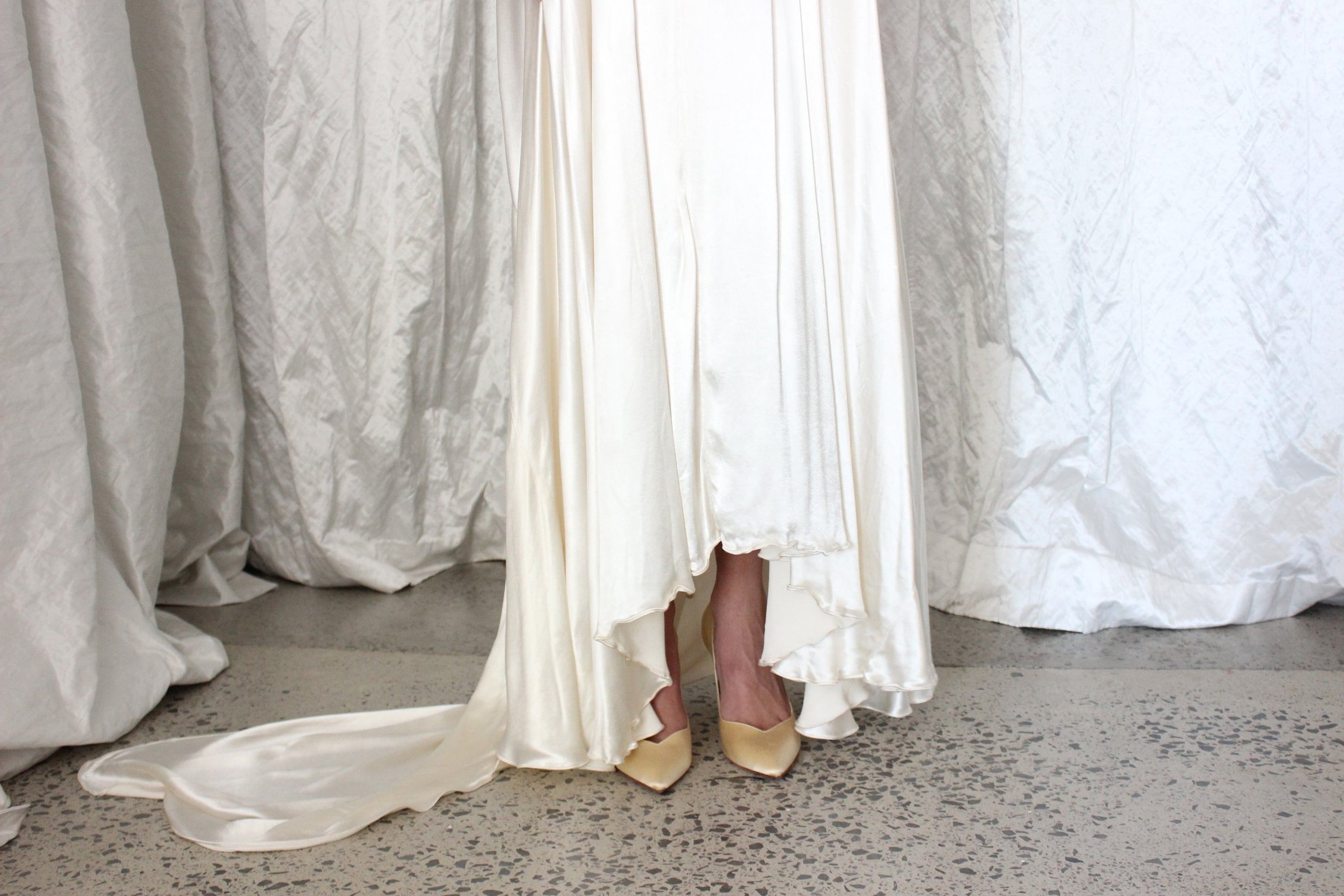 1949 Liquid Silk Satin Drop Waist Long Sleeve Vintage Wedding Gown