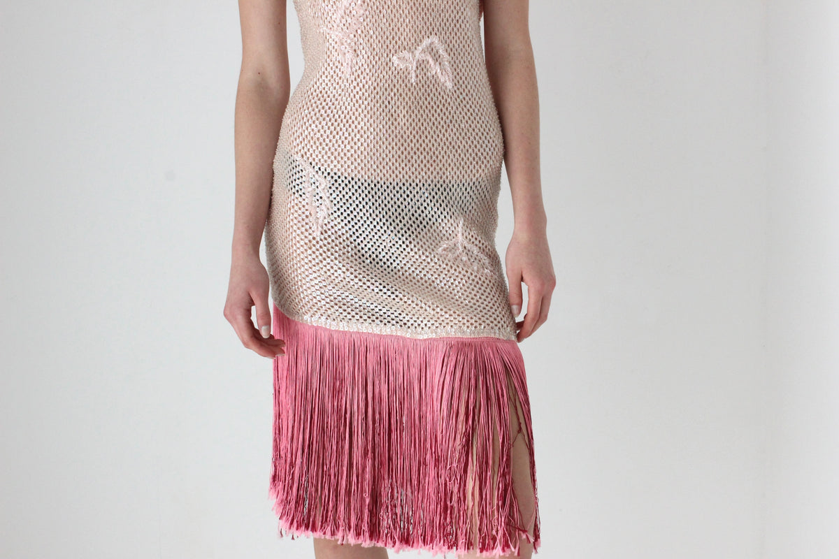60s Hand Beaded Wool & Fringe Opera Dress