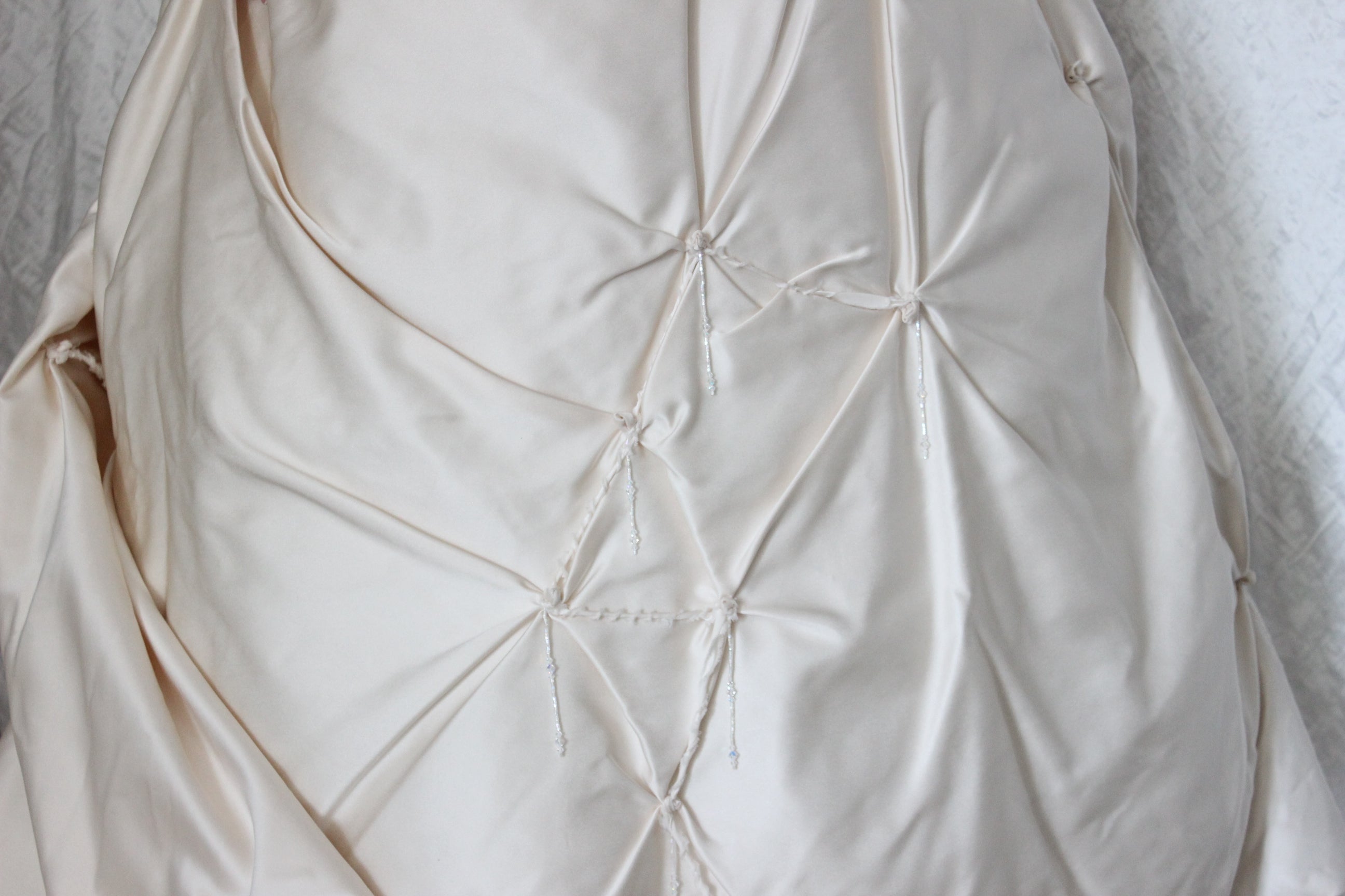 Wild 2000s Duchess Silk Asymmetric Textural Wedding Gown w/ Knots & Beading
