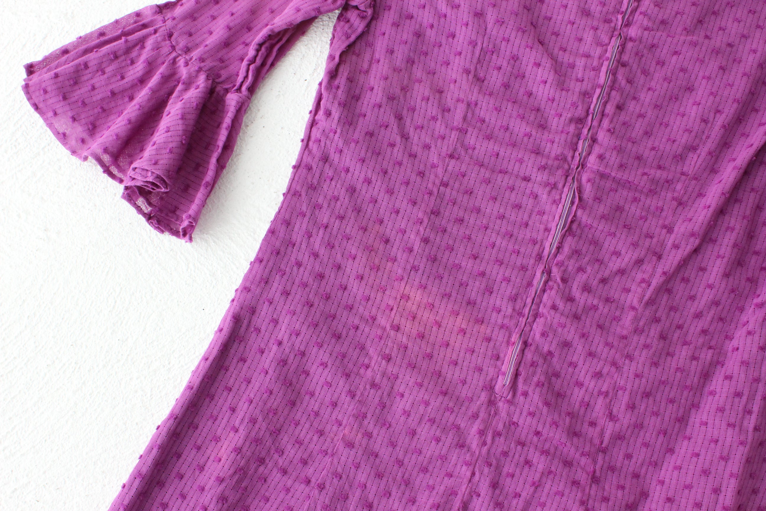 70s Cotton Mini Dress w/ Textural Polkadots & Ruffle Sleeves