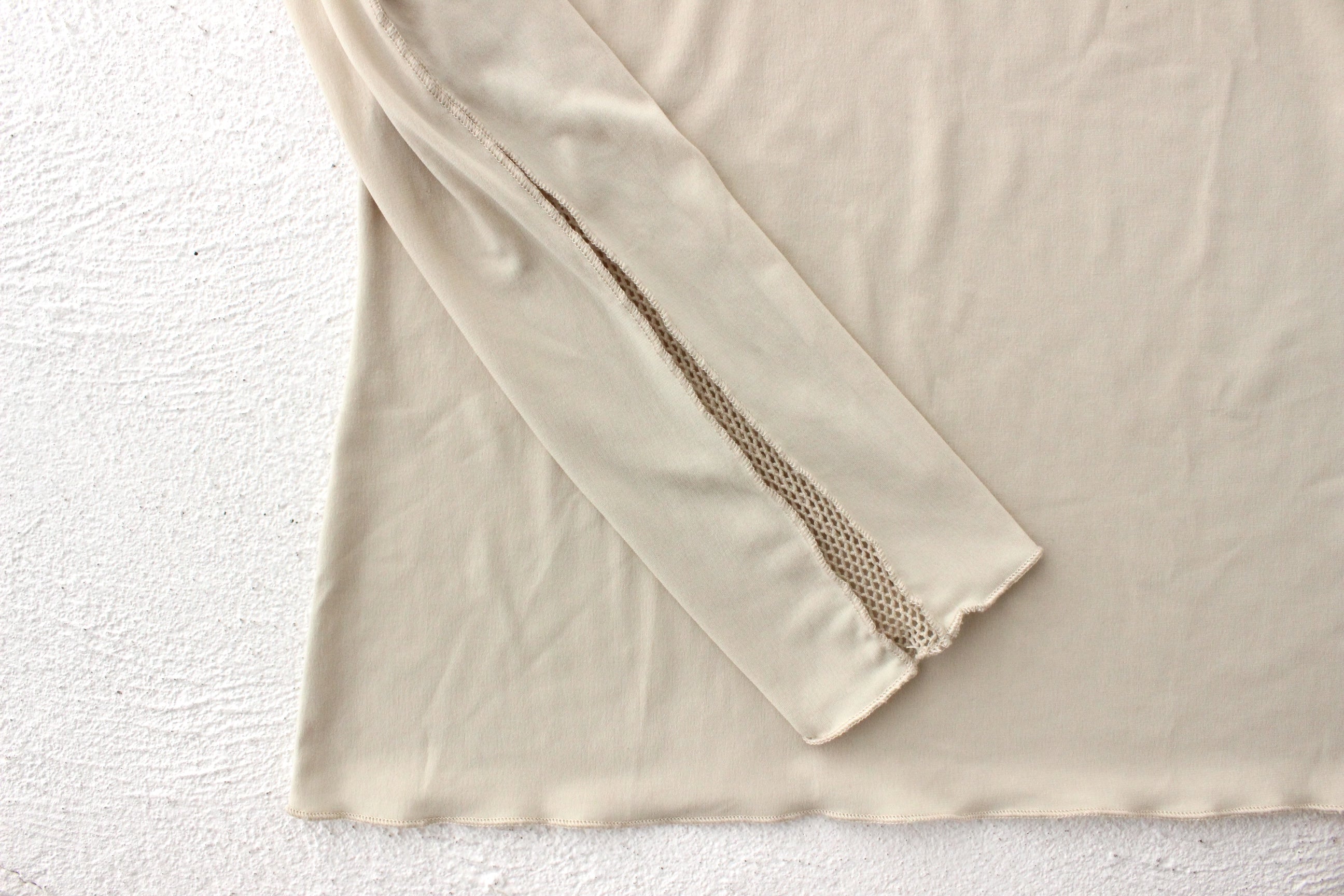 Minimal 90s Beige Jersey Long Sleeve Top w/ Fishnet Mesh Inserts