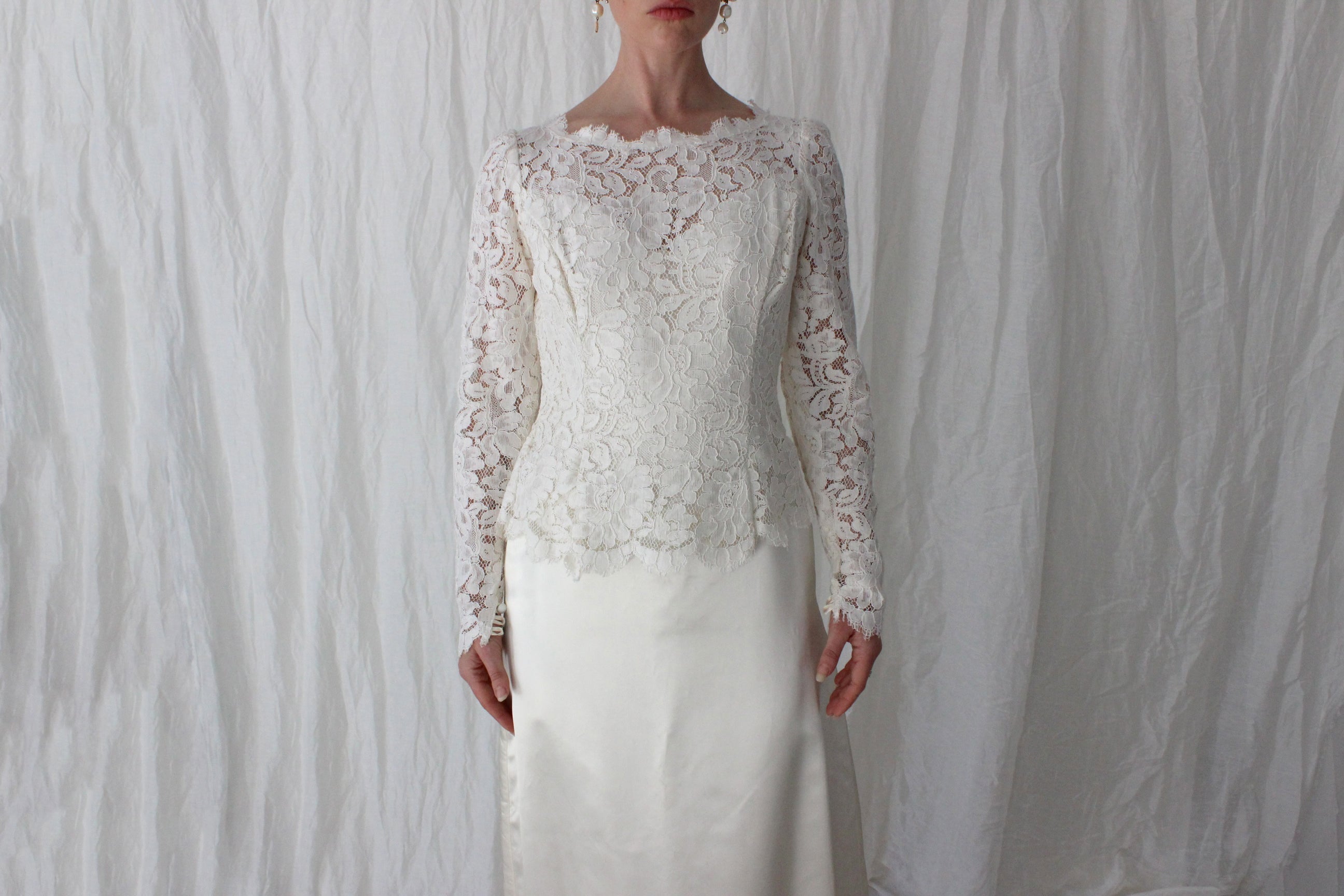 Handmade 80s Scalloped Lace & Satin Long Sleeve Gown
