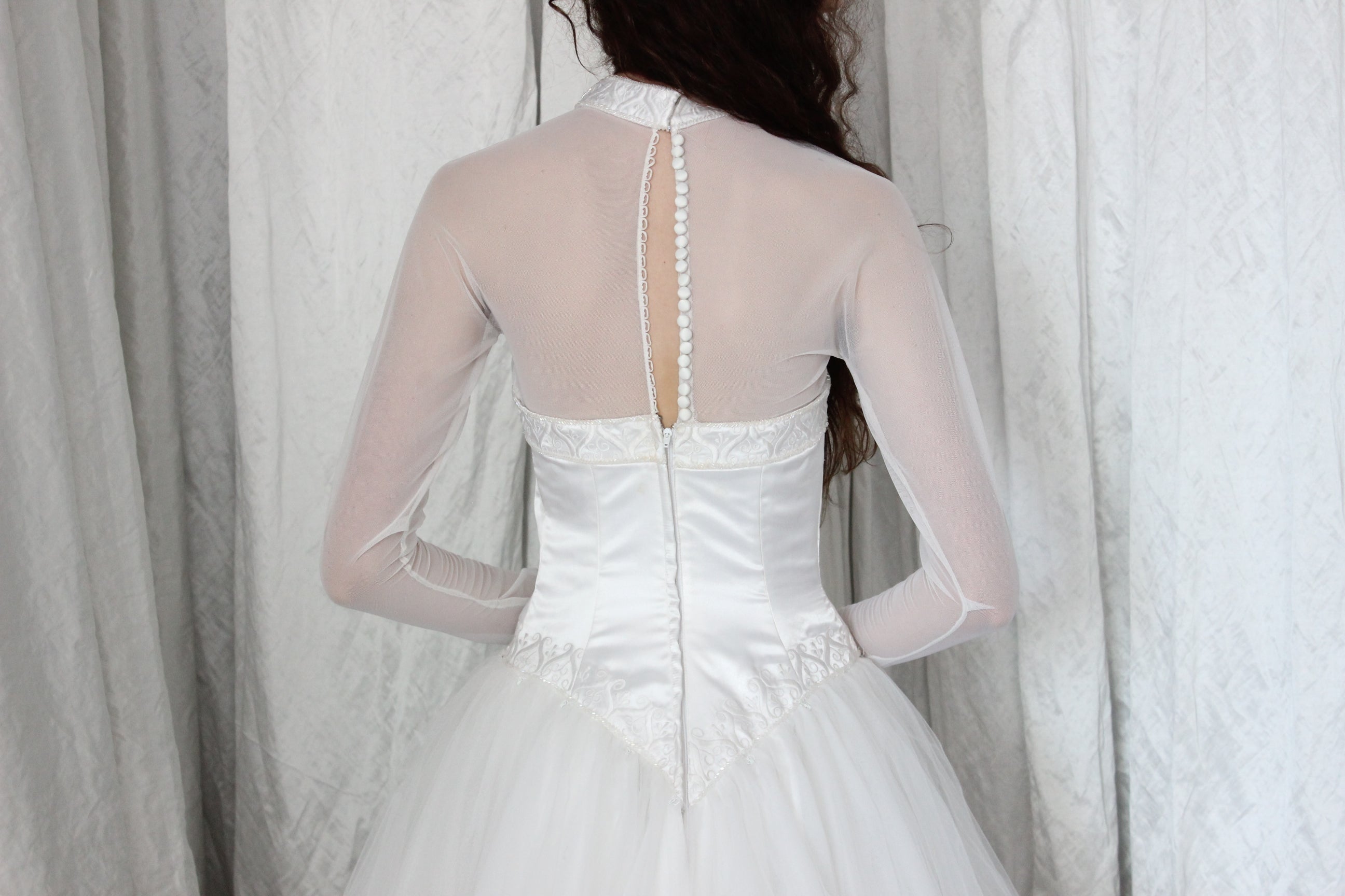 80s Morilee Mesh Sleeve Ballerina Wedding Dress