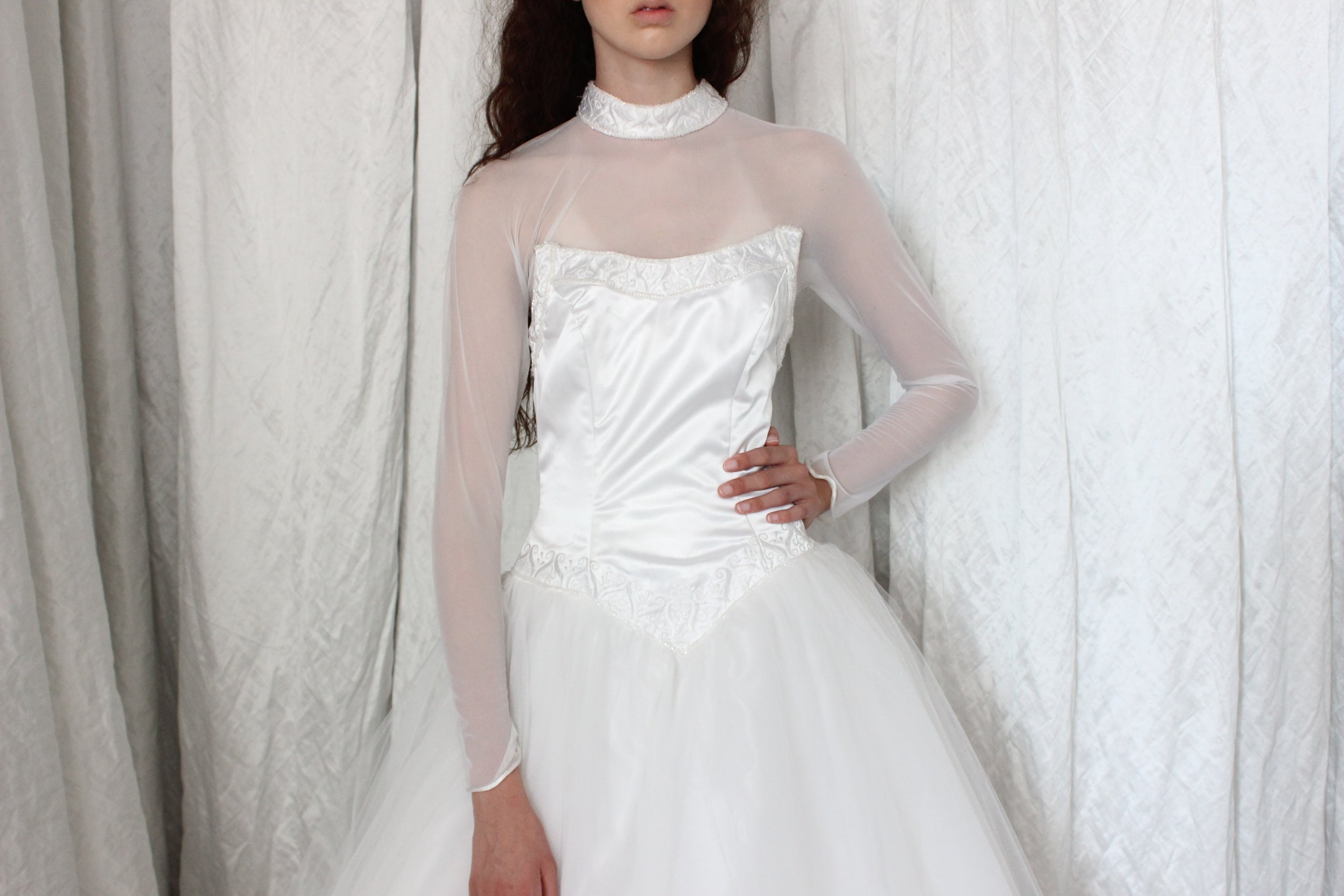 80s Morilee Mesh Sleeve Ballerina Wedding Dress