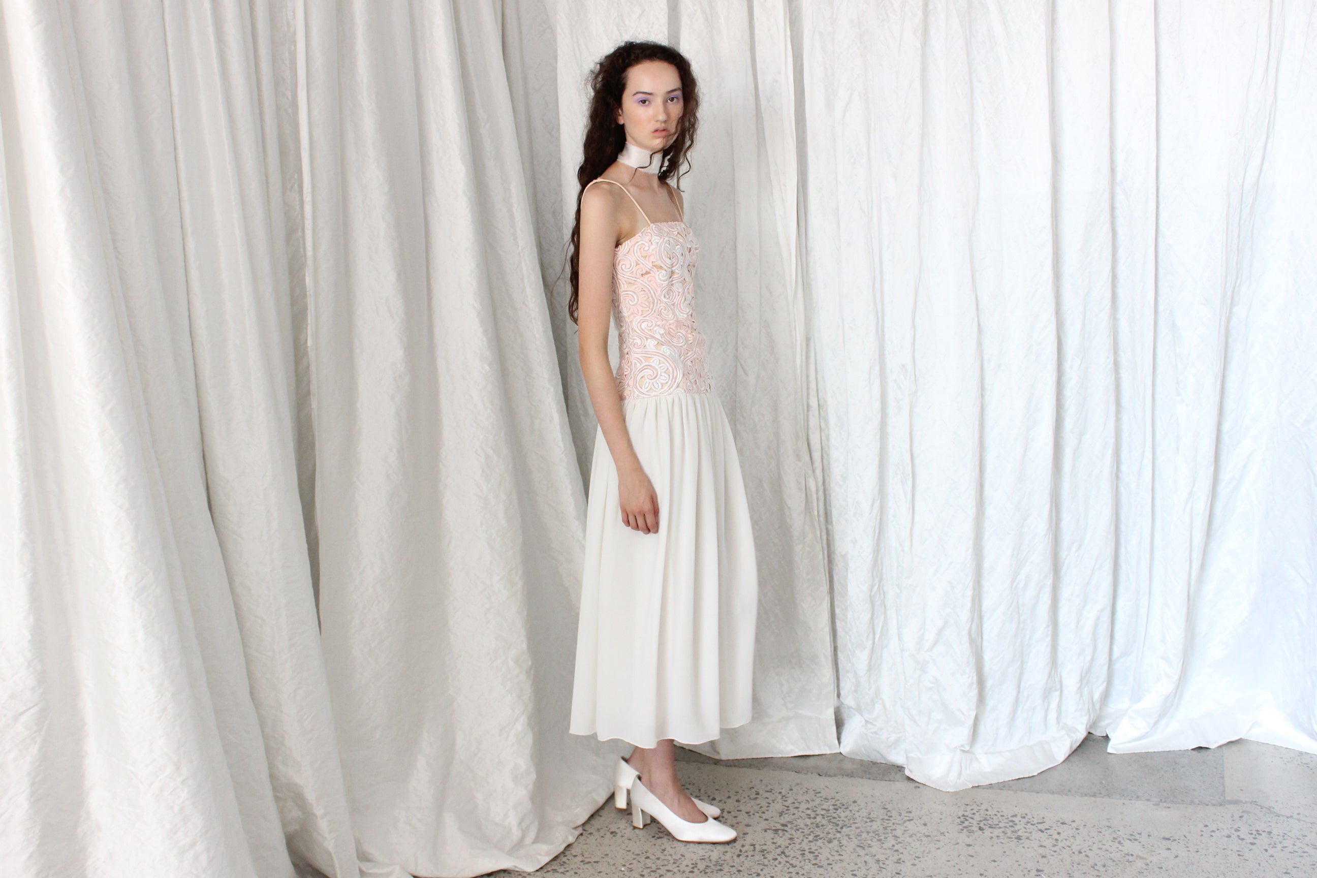80s Silk & Cotton Cutwork Drop Waist Dress