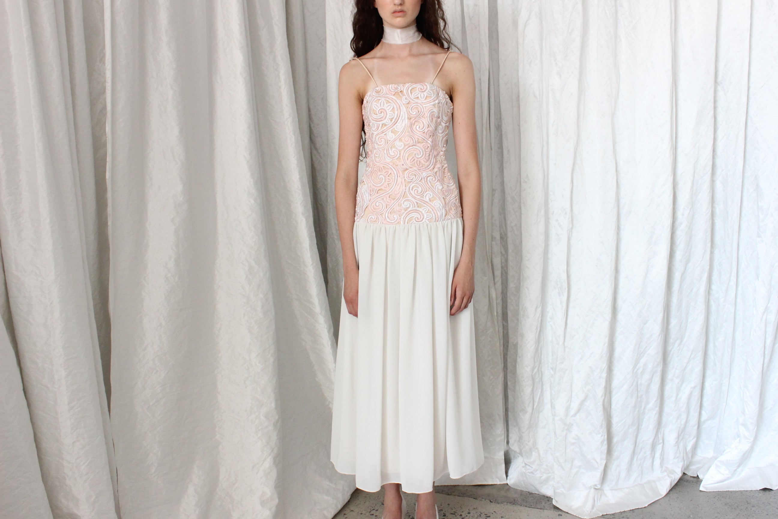 80s Silk & Cotton Cutwork Drop Waist Dress