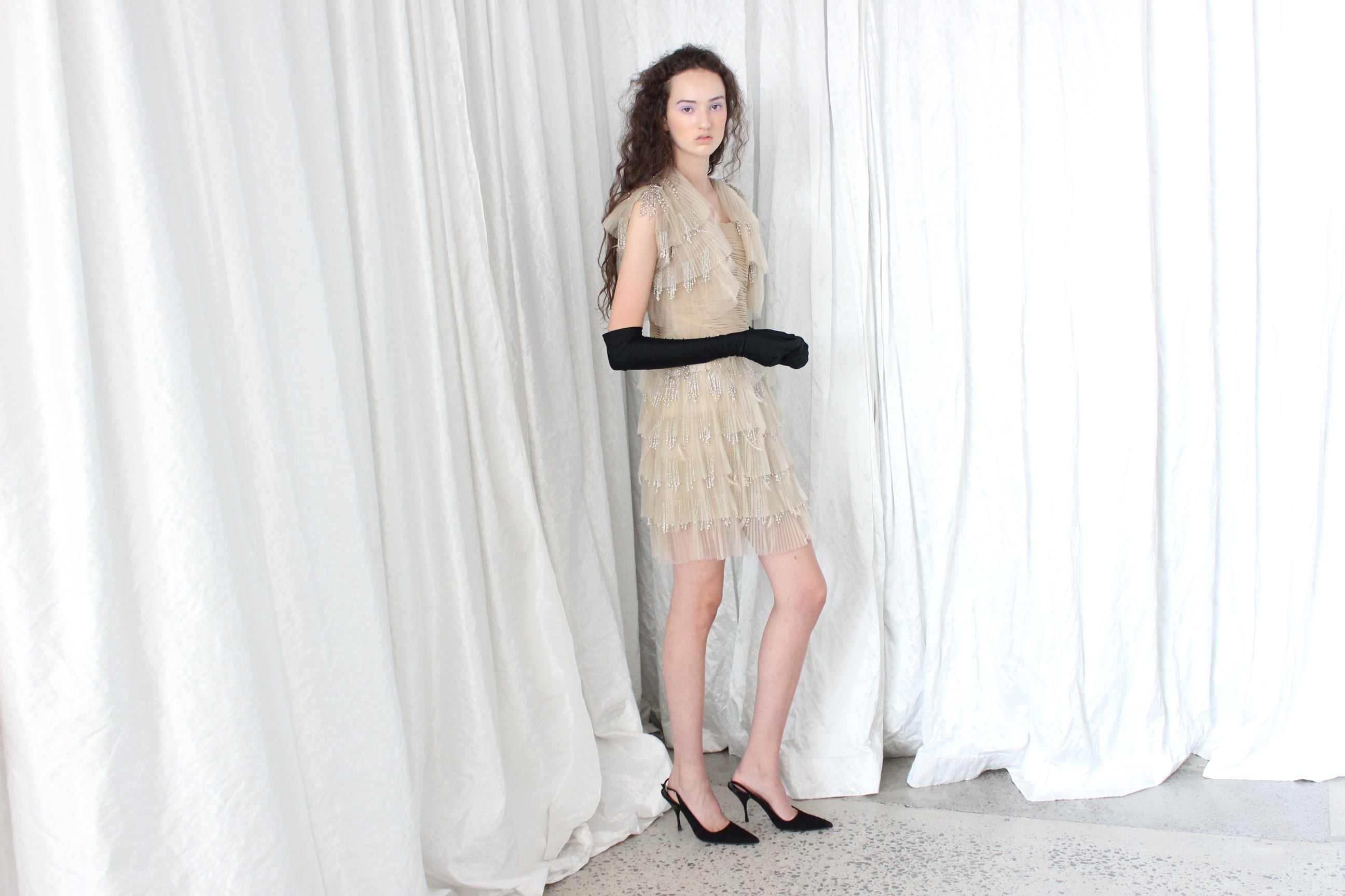 80s Plisse, Beaded, Feathered Showgirl Mini & Bolero Set