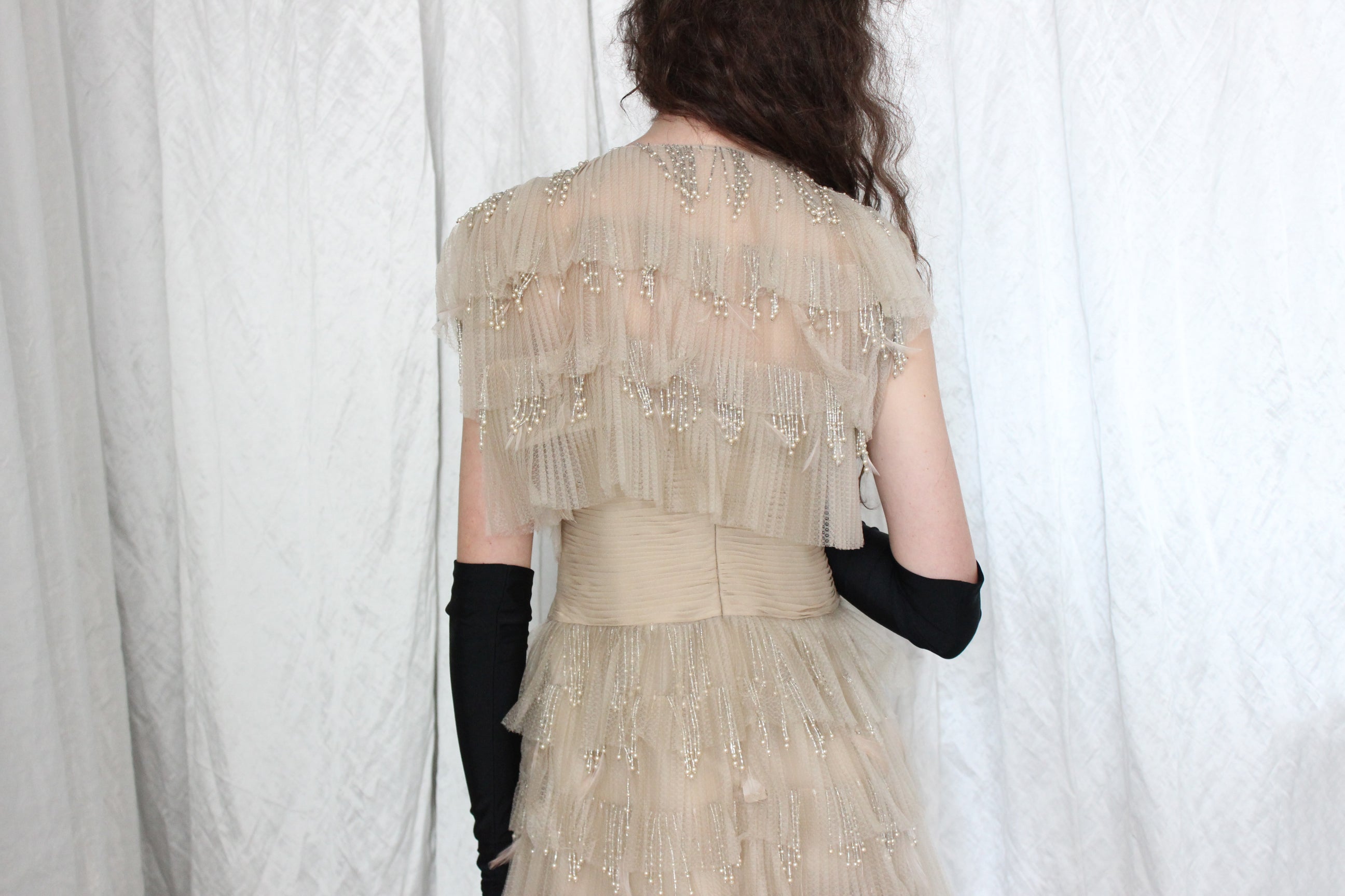 80s Plisse, Beaded, Feathered Showgirl Mini & Bolero Set