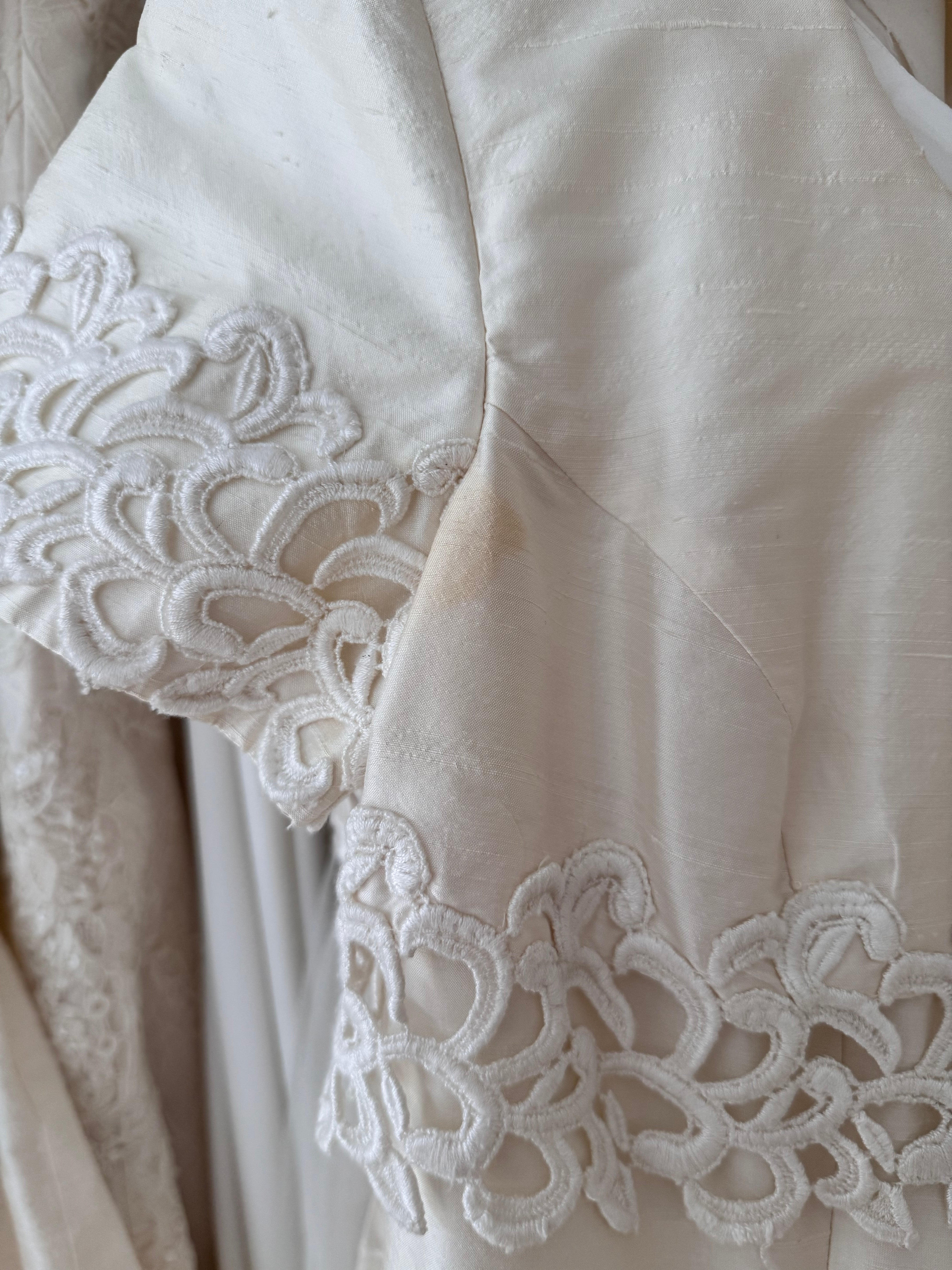 1980s Raw Silk Empire Waist Short Sleeve Wedding Gown w/ Train