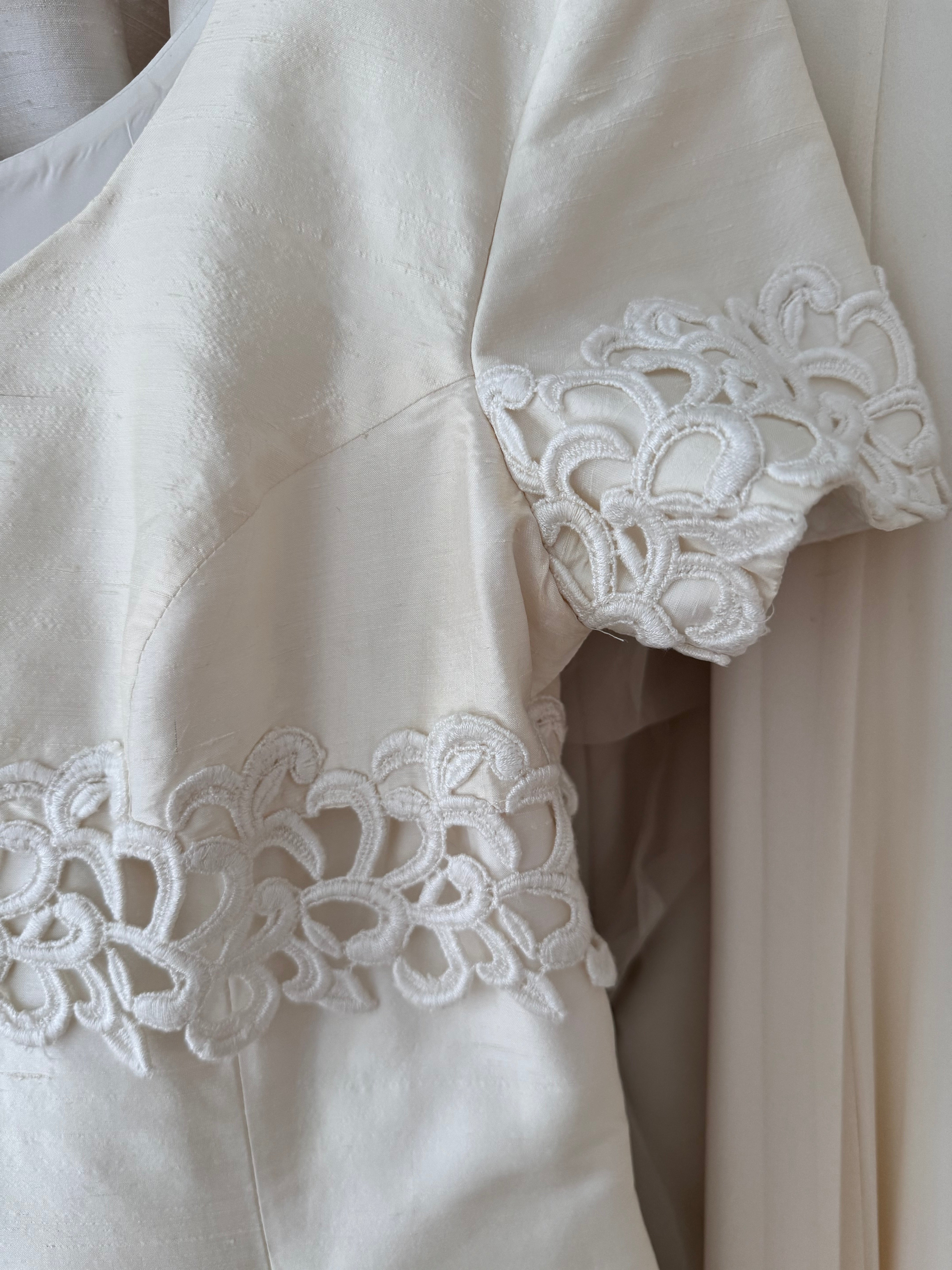 1980s Raw Silk Empire Waist Short Sleeve Wedding Gown w/ Train