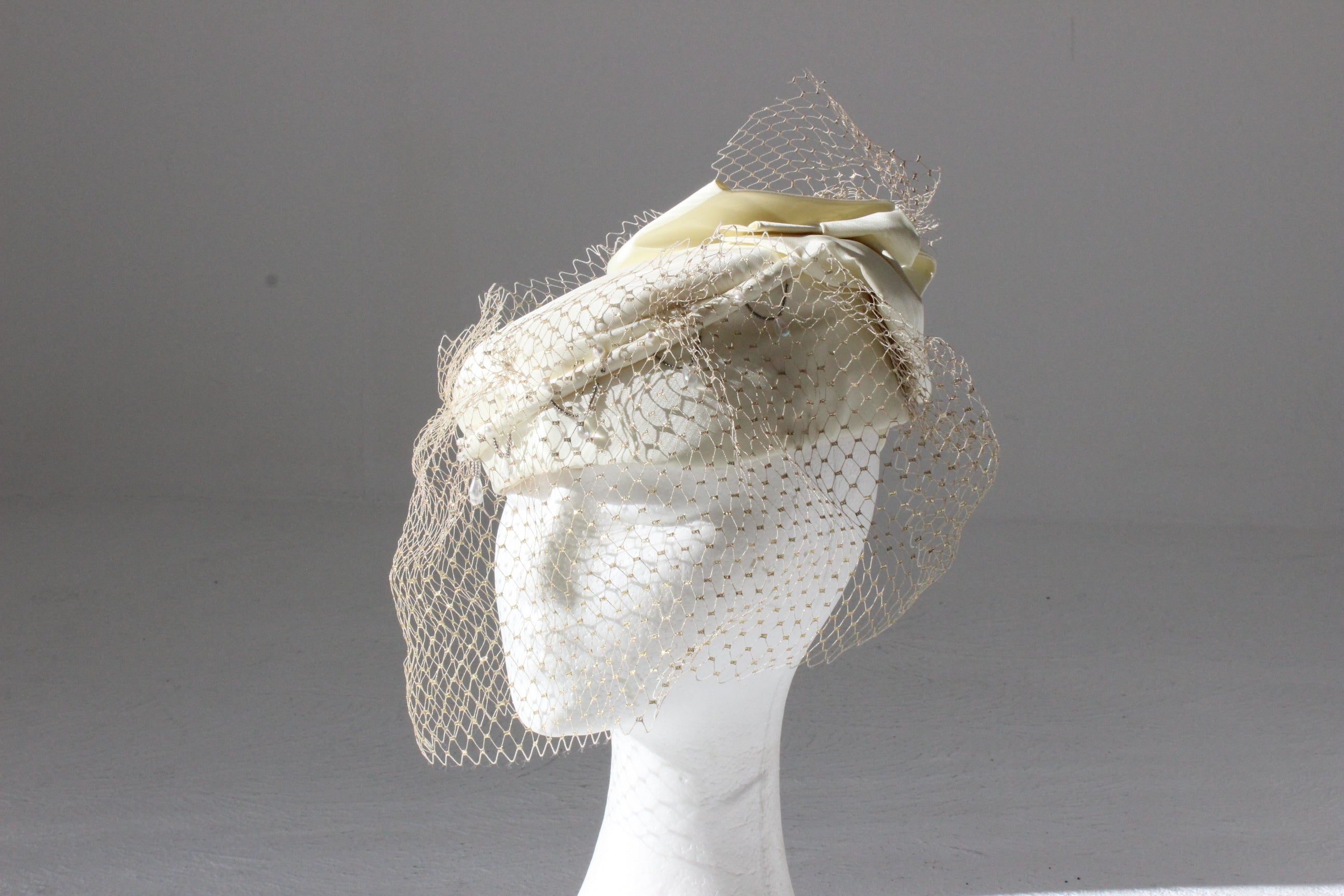 Bespoke 60s Cream Taffeta, Beading & Golden Veil Pillbox Hat