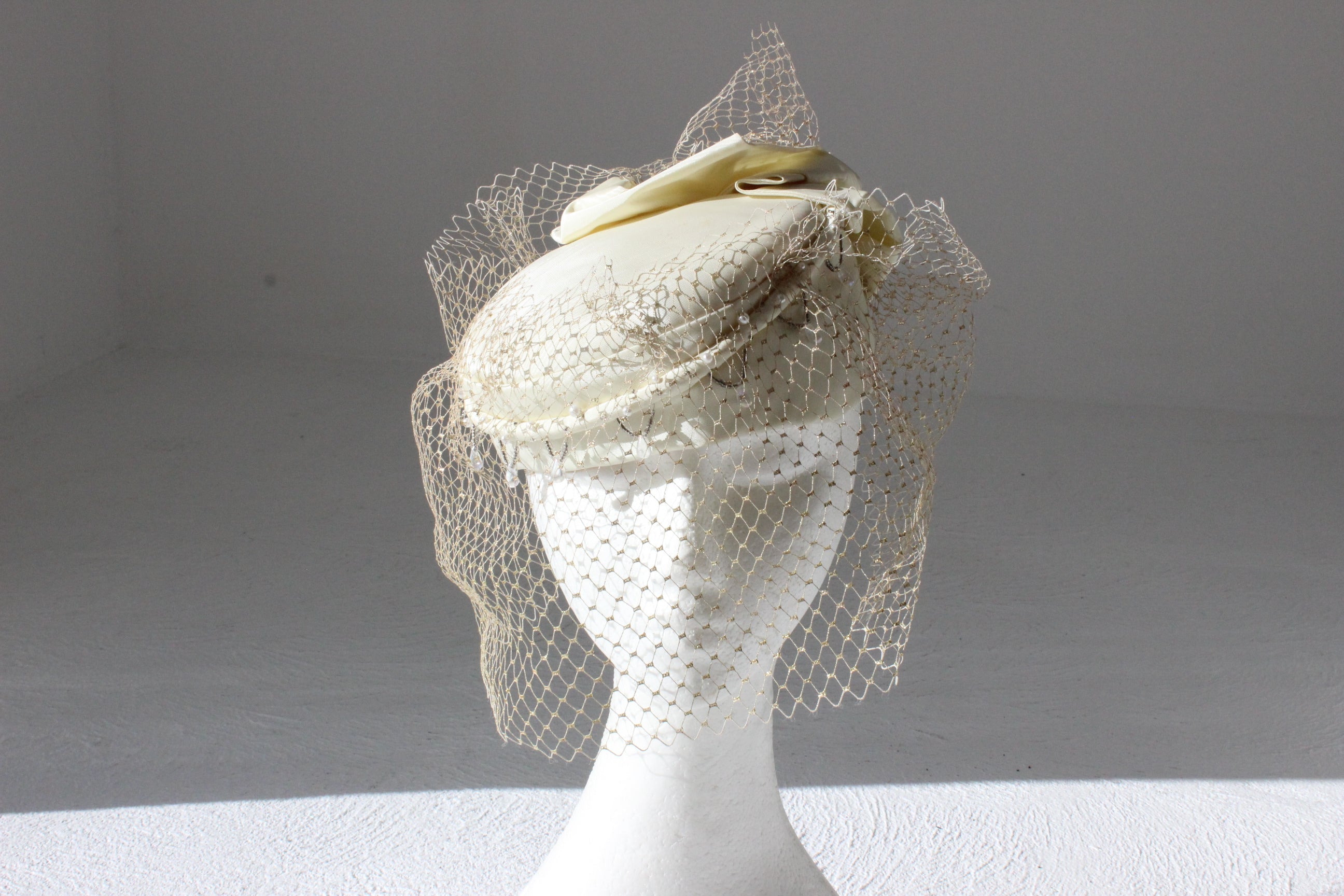 Bespoke 60s Cream Taffeta, Beading & Golden Veil Pillbox Hat