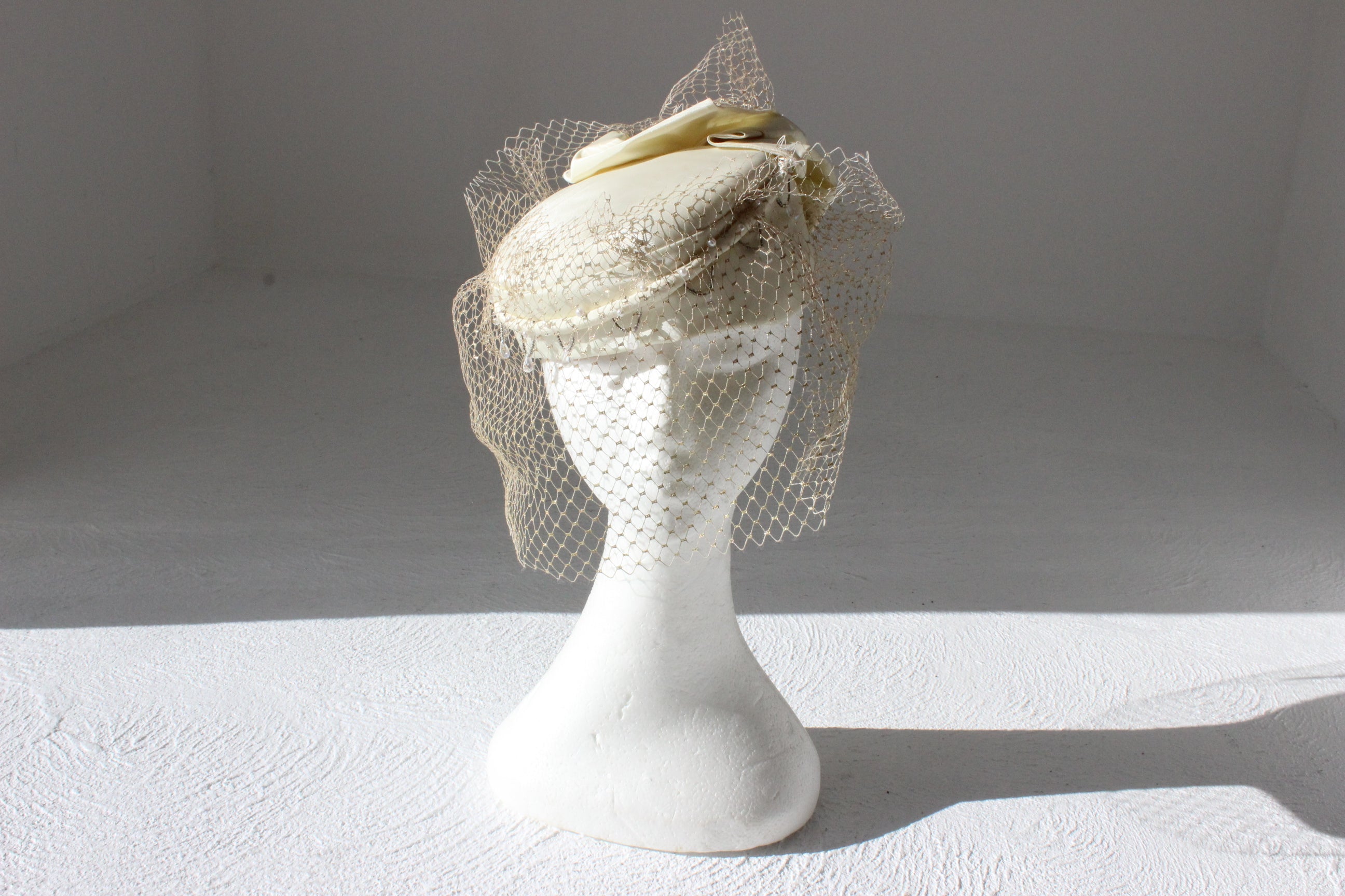 Bespoke 60s Cream Taffeta, Beading & Golden Veil Pillbox Hat