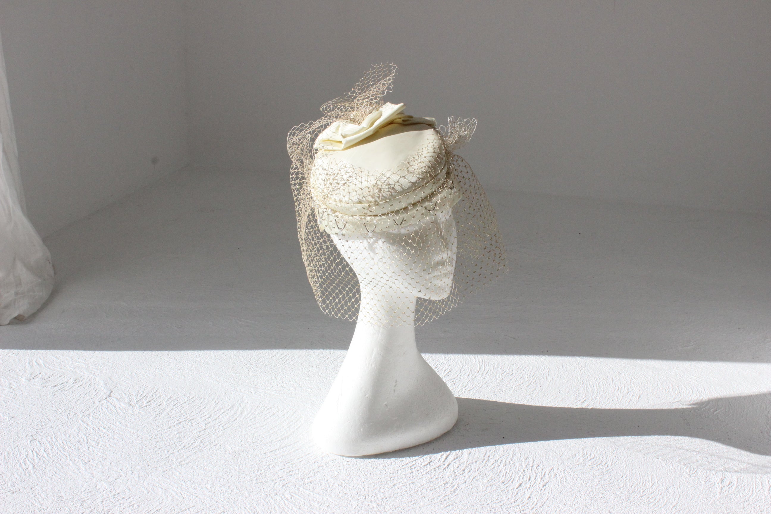 Bespoke 60s Cream Taffeta, Beading & Golden Veil Pillbox Hat