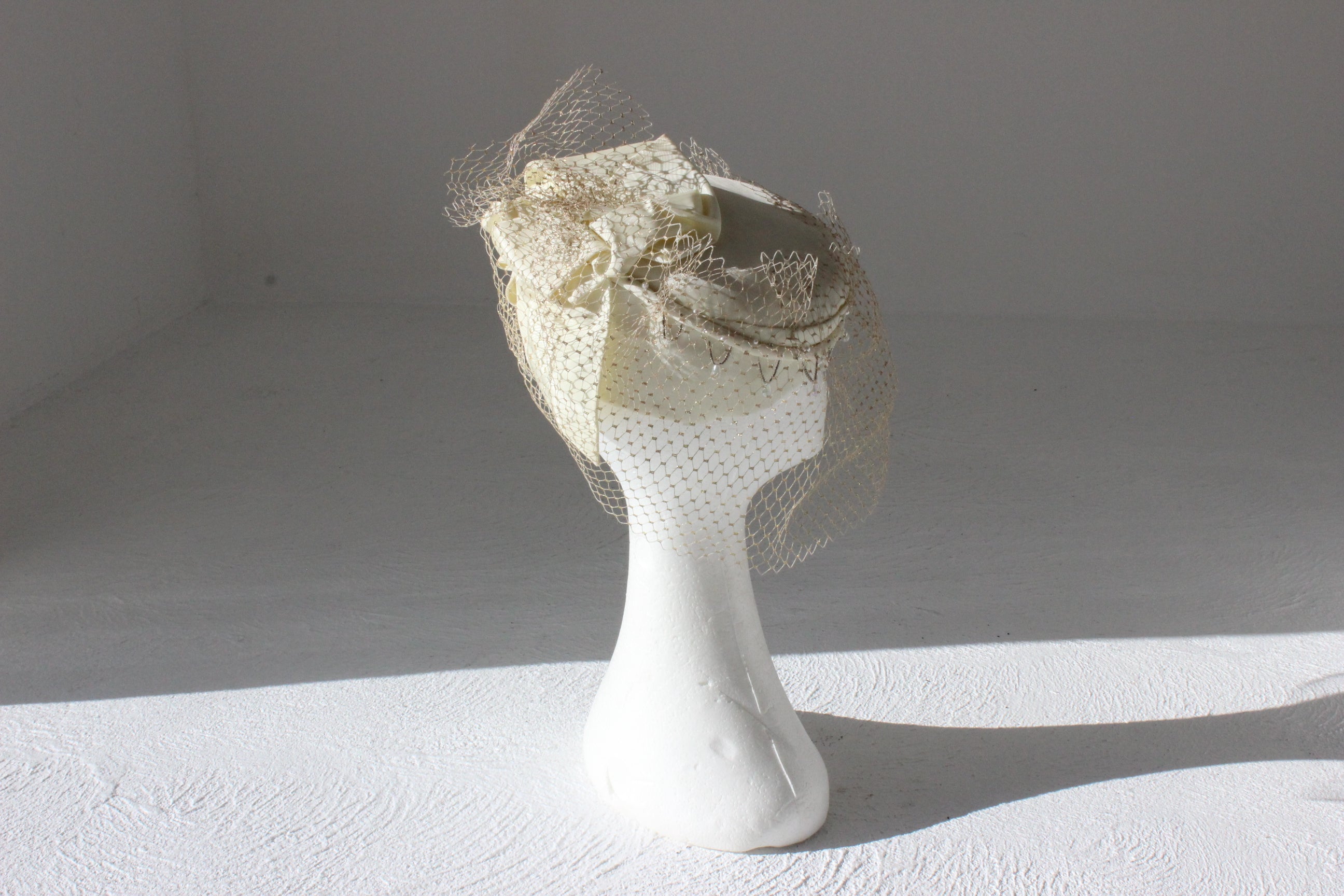 Bespoke 60s Cream Taffeta, Beading & Golden Veil Pillbox Hat
