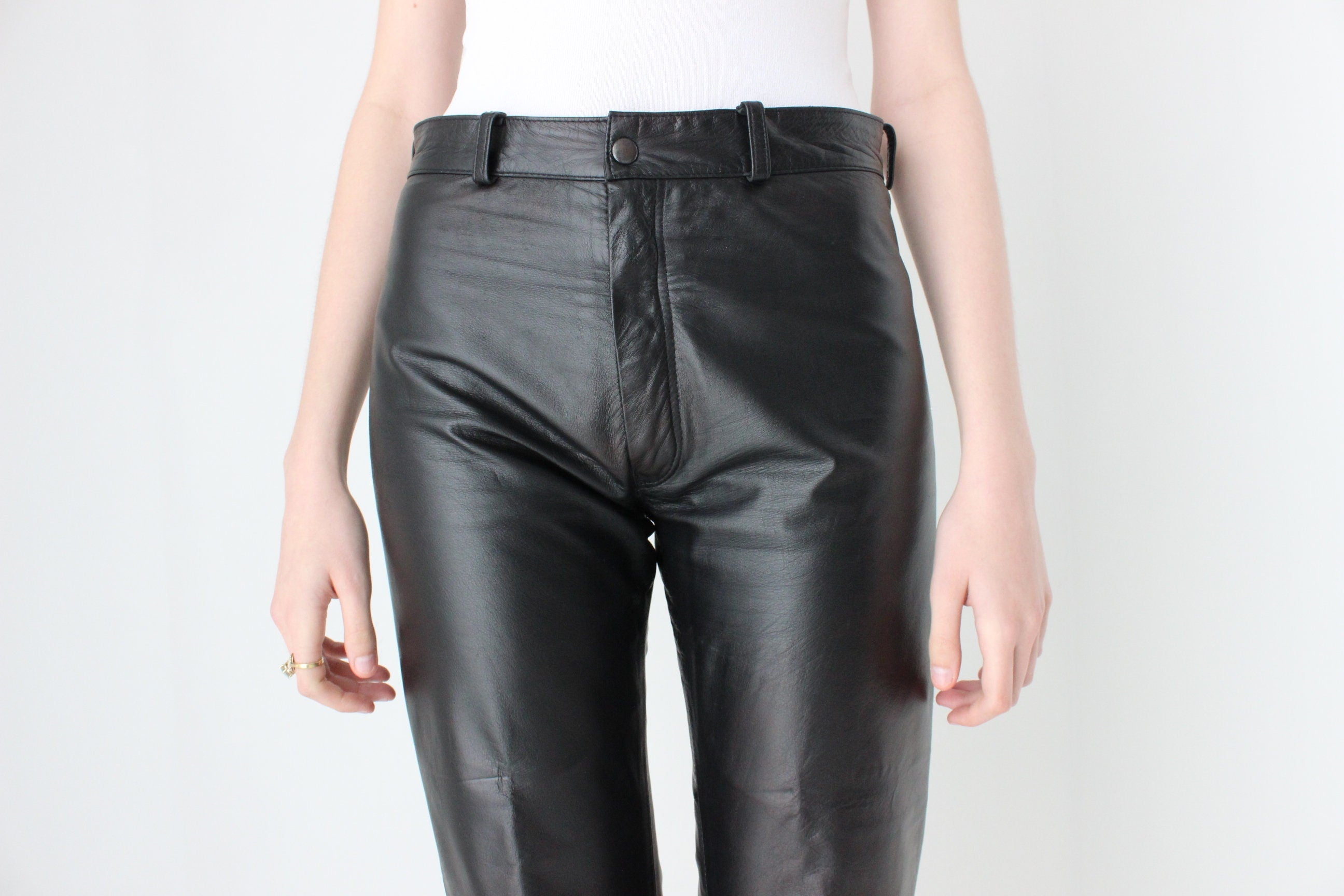90s Black Leather Minimal Straight Leg Pants