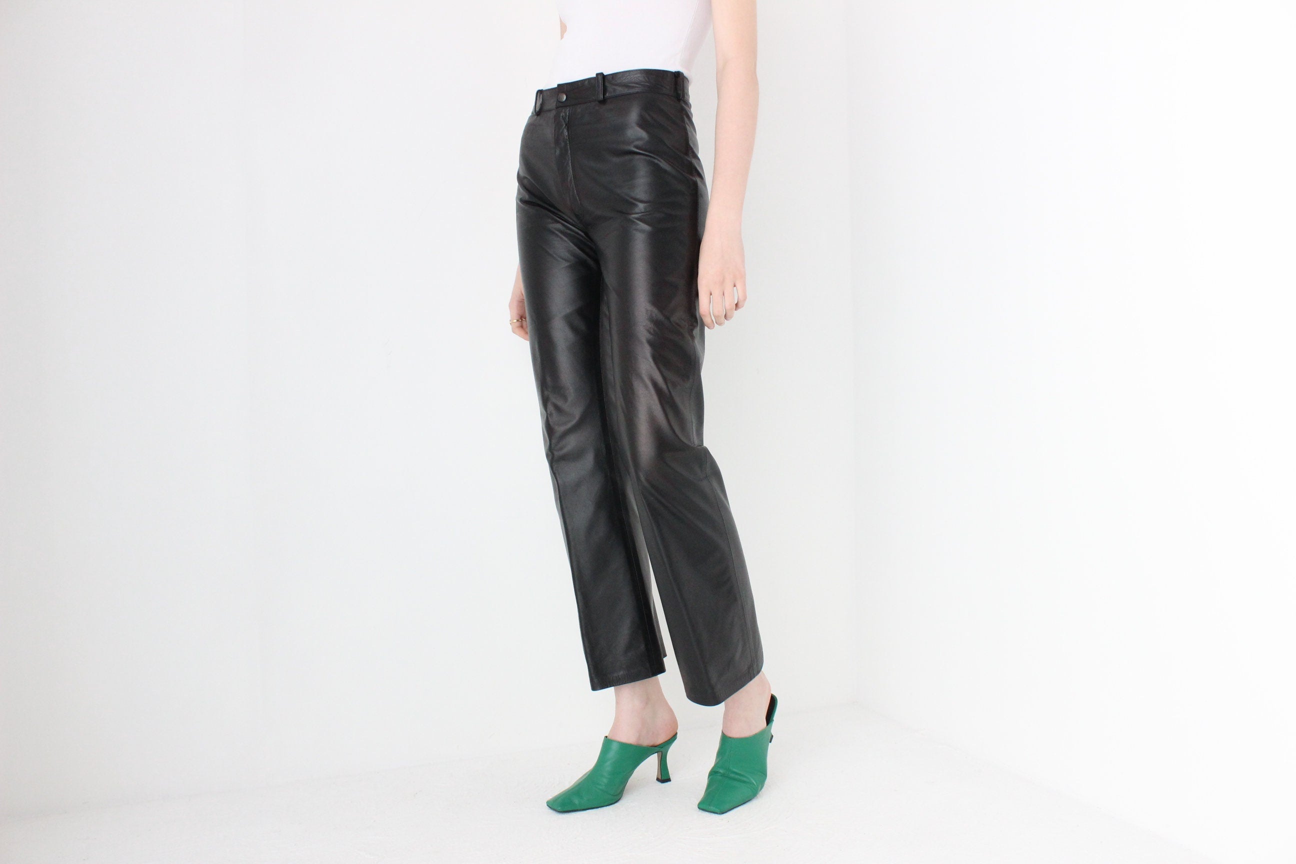 90s Black Leather Minimal Straight Leg Pants