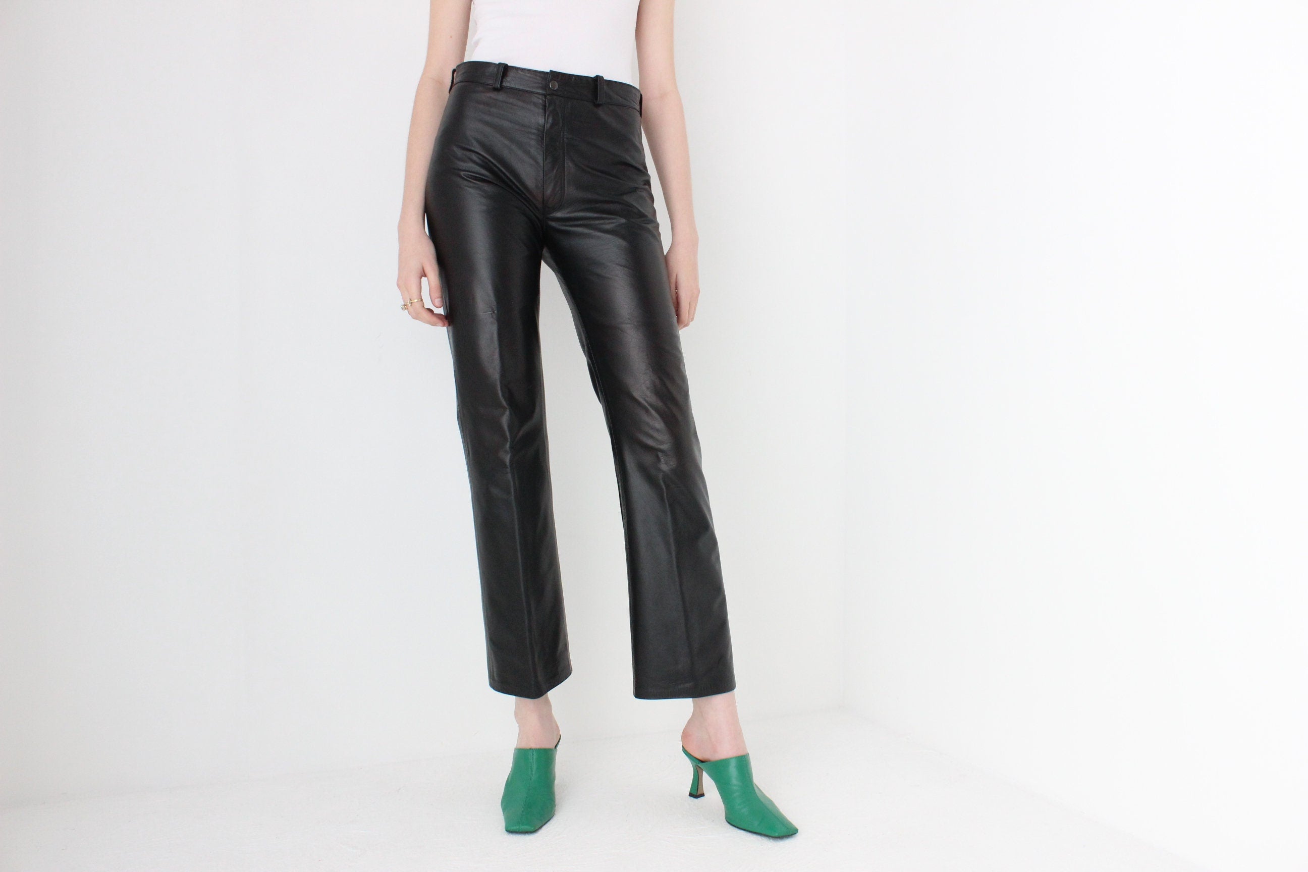 90s Black Leather Minimal Straight Leg Pants