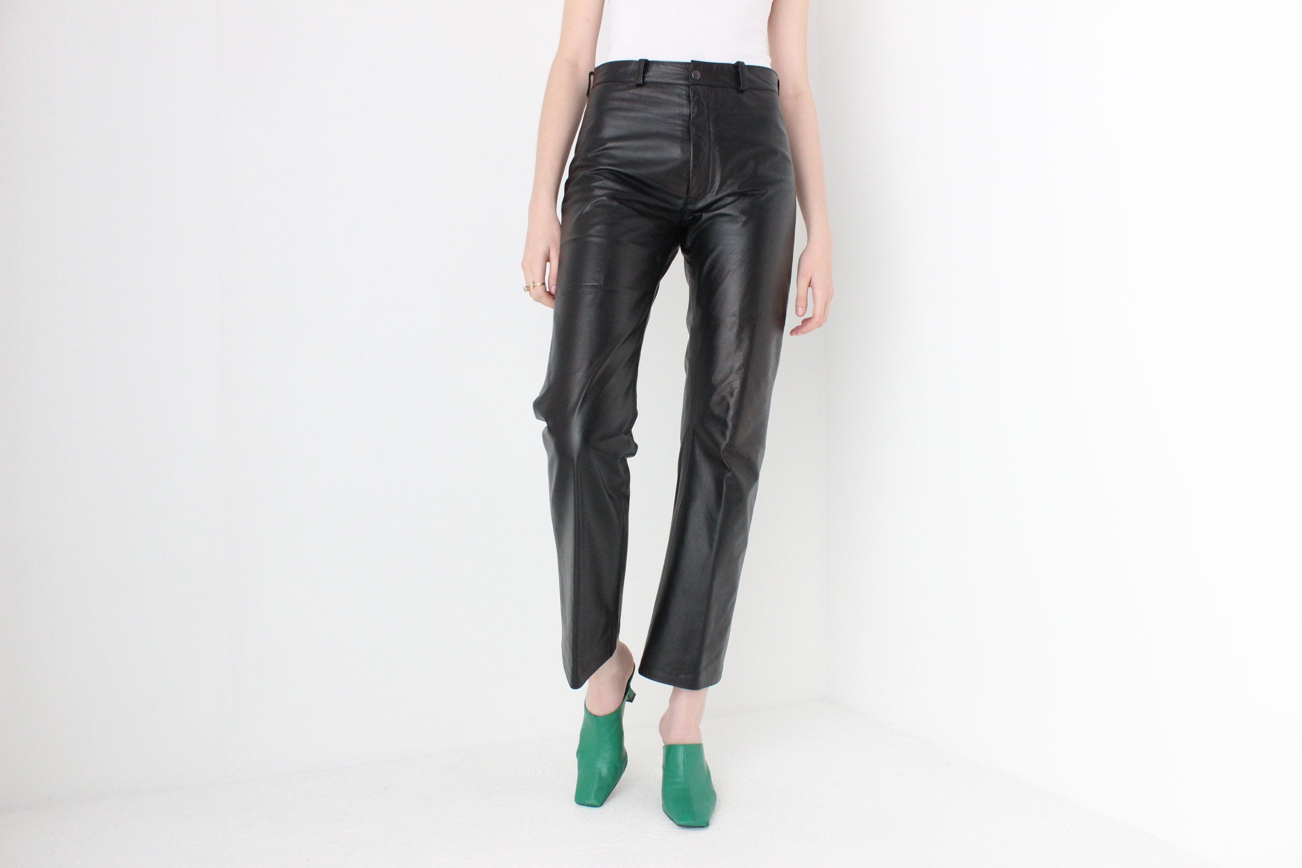 90s Black Leather Minimal Straight Leg Pants