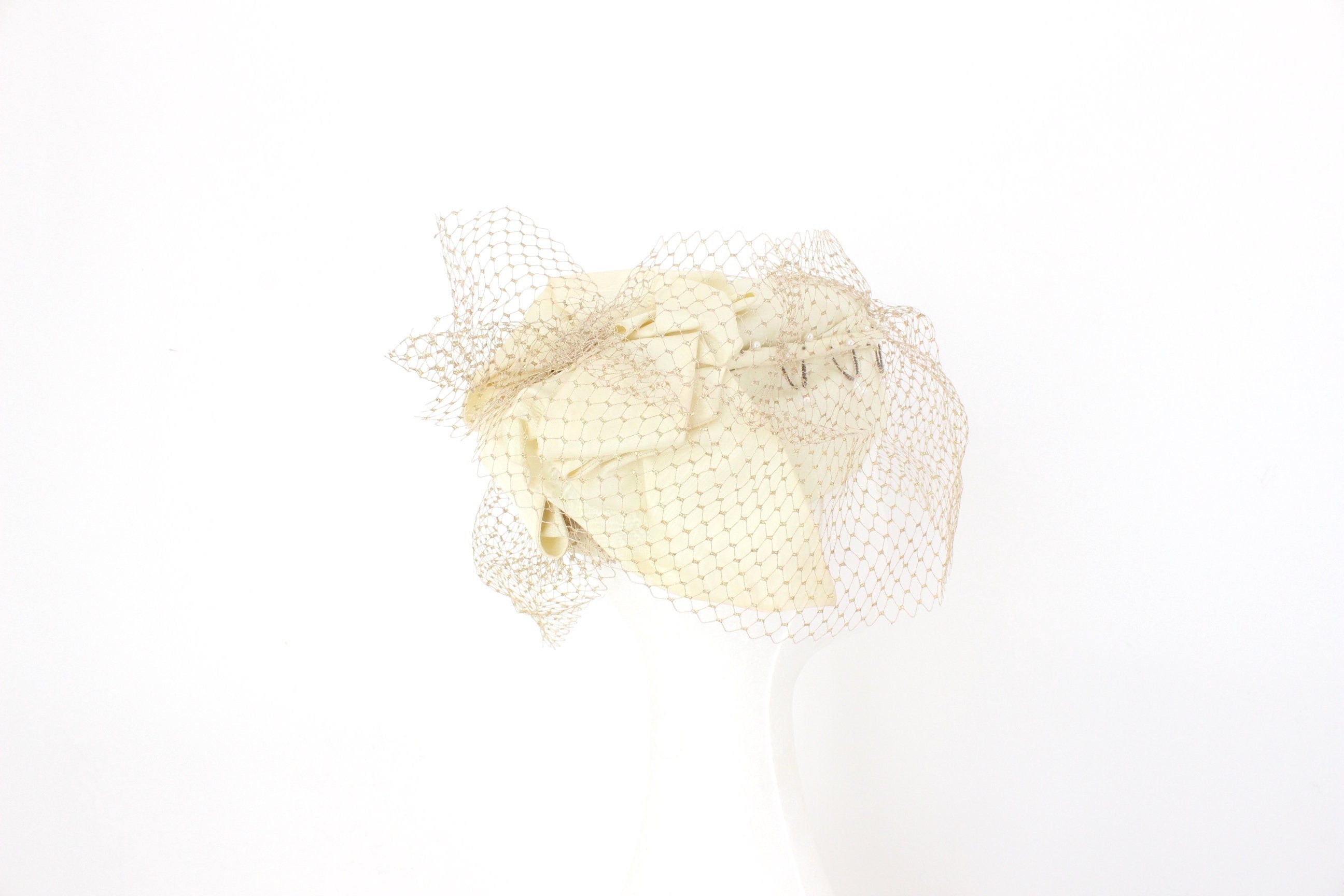 Bespoke 60s Cream Taffeta, Beading & Golden Veil Pillbox Hat