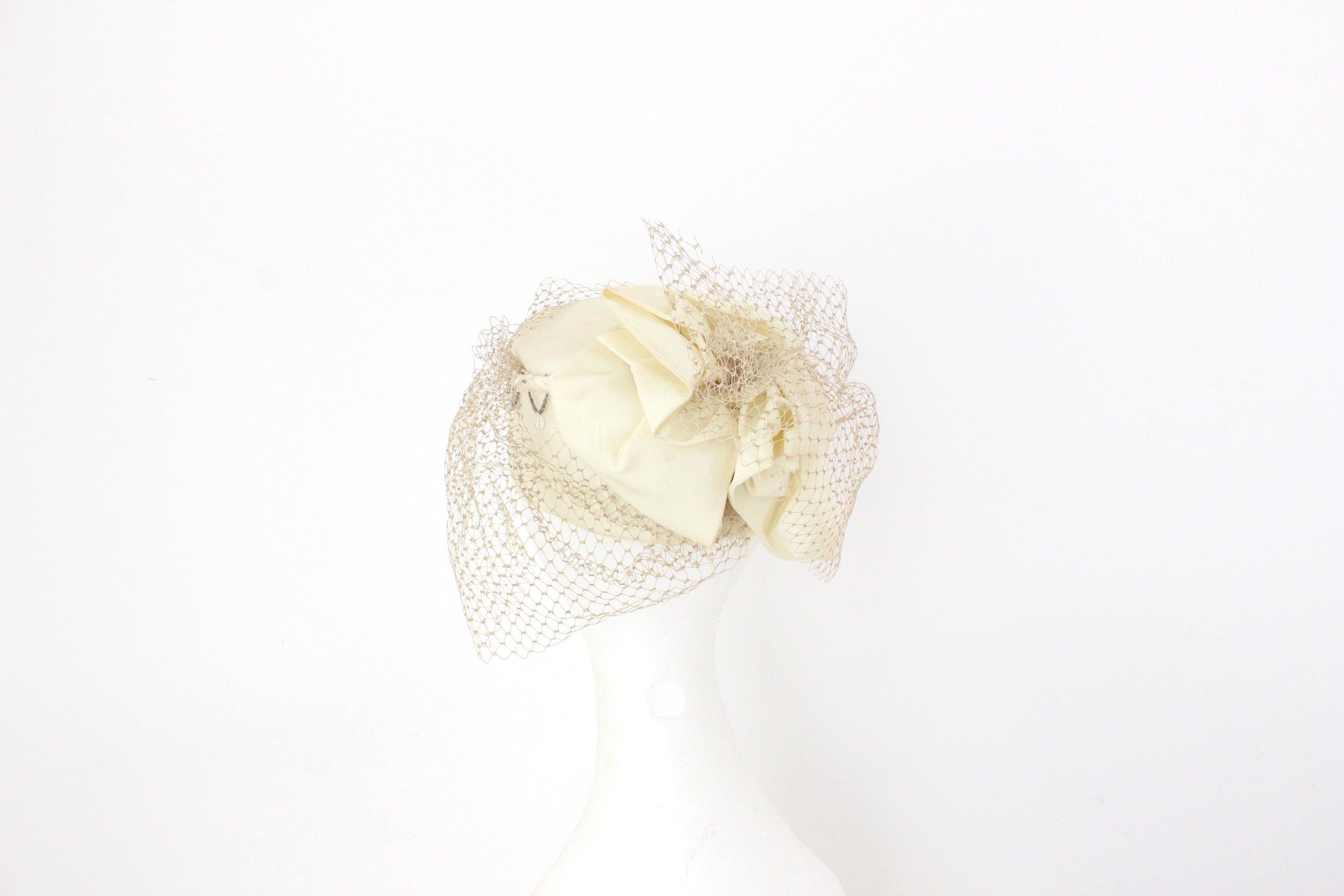 Bespoke 60s Cream Taffeta, Beading & Golden Veil Pillbox Hat