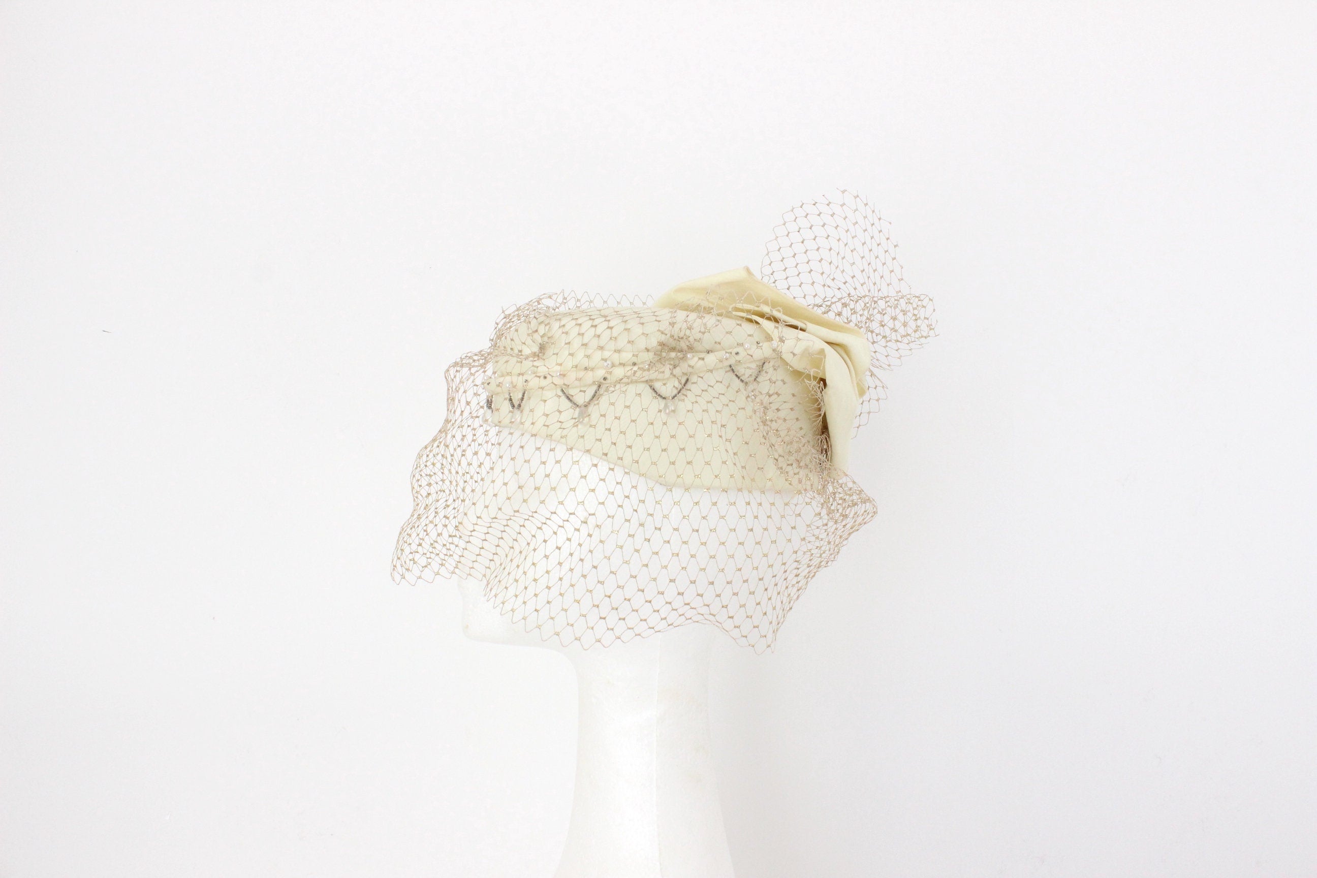 Bespoke 60s Cream Taffeta, Beading & Golden Veil Pillbox Hat