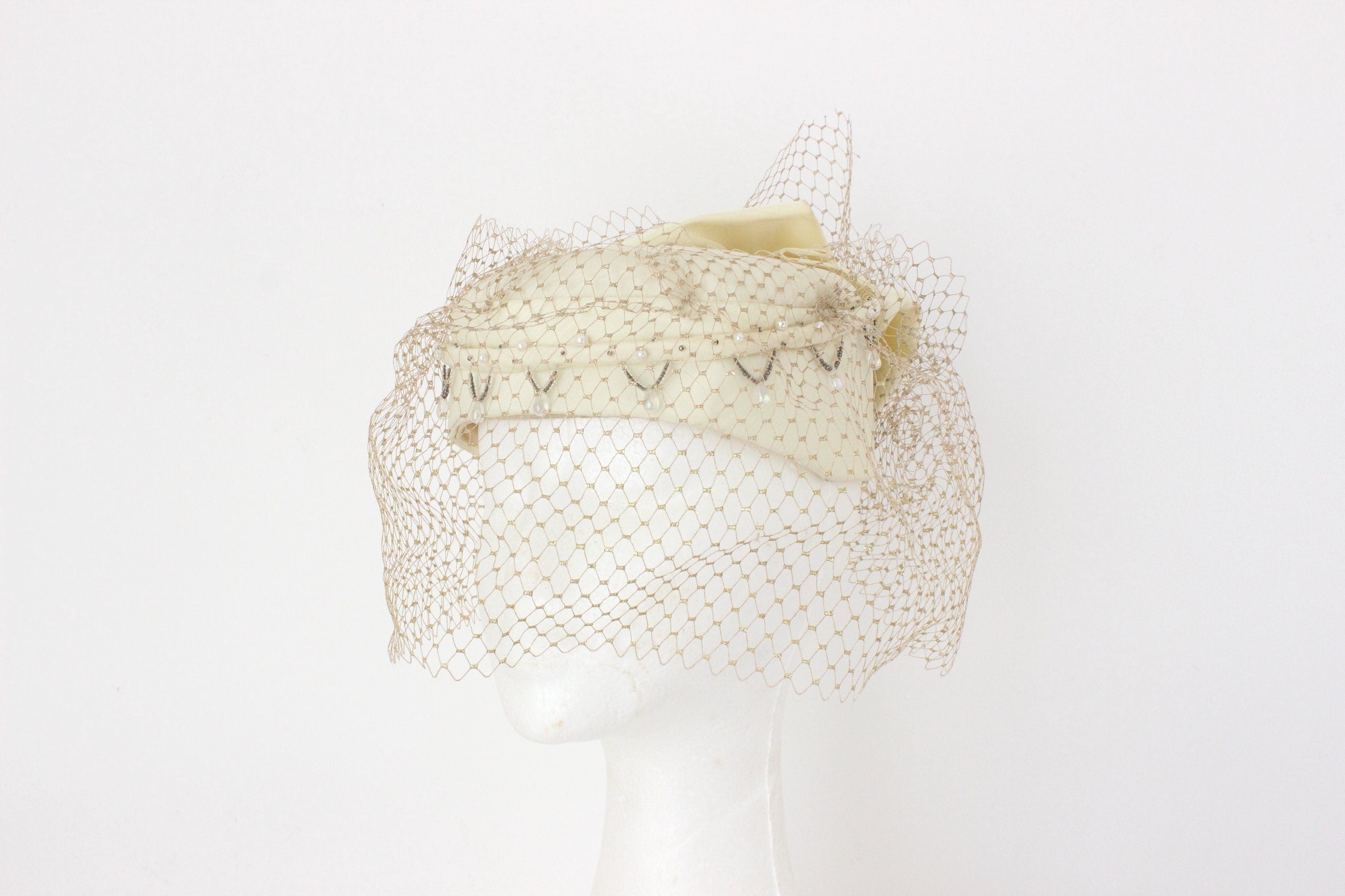Bespoke 60s Cream Taffeta, Beading & Golden Veil Pillbox Hat