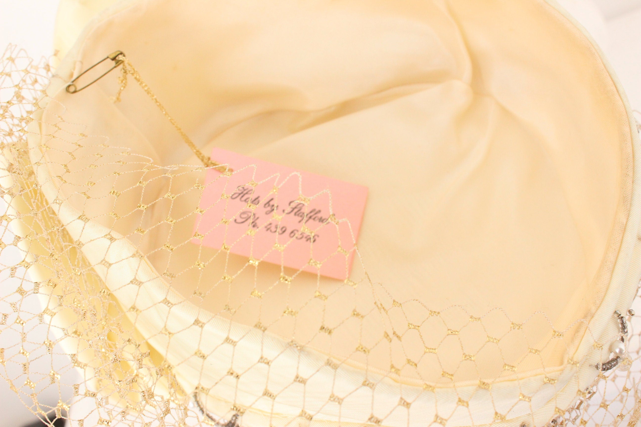 Bespoke 60s Cream Taffeta, Beading & Golden Veil Pillbox Hat