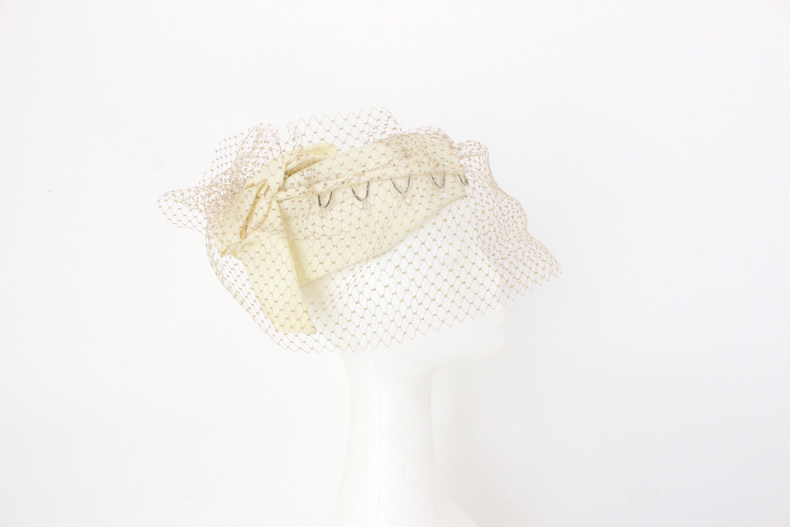 Bespoke 60s Cream Taffeta, Beading & Golden Veil Pillbox Hat