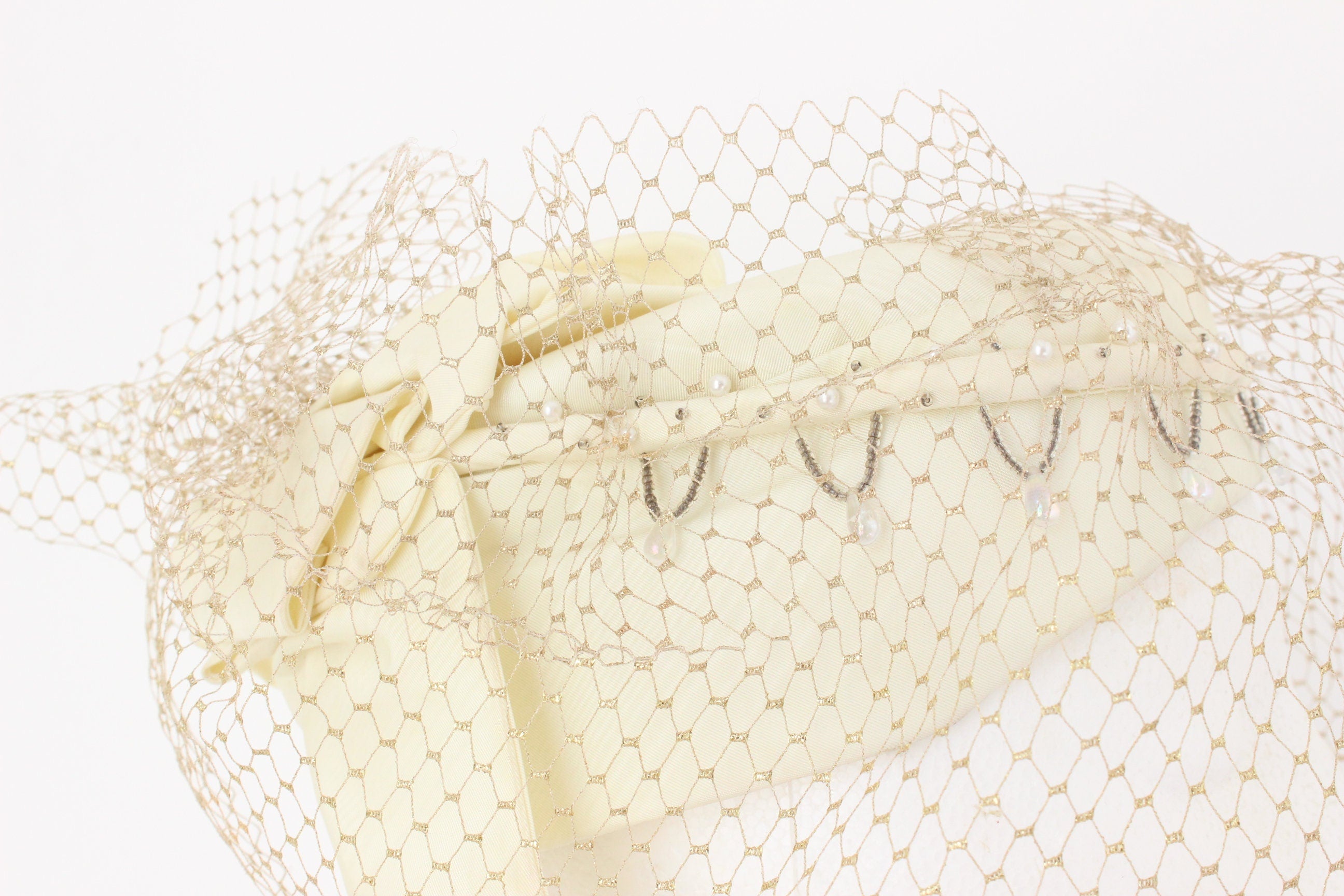 Bespoke 60s Cream Taffeta, Beading & Golden Veil Pillbox Hat