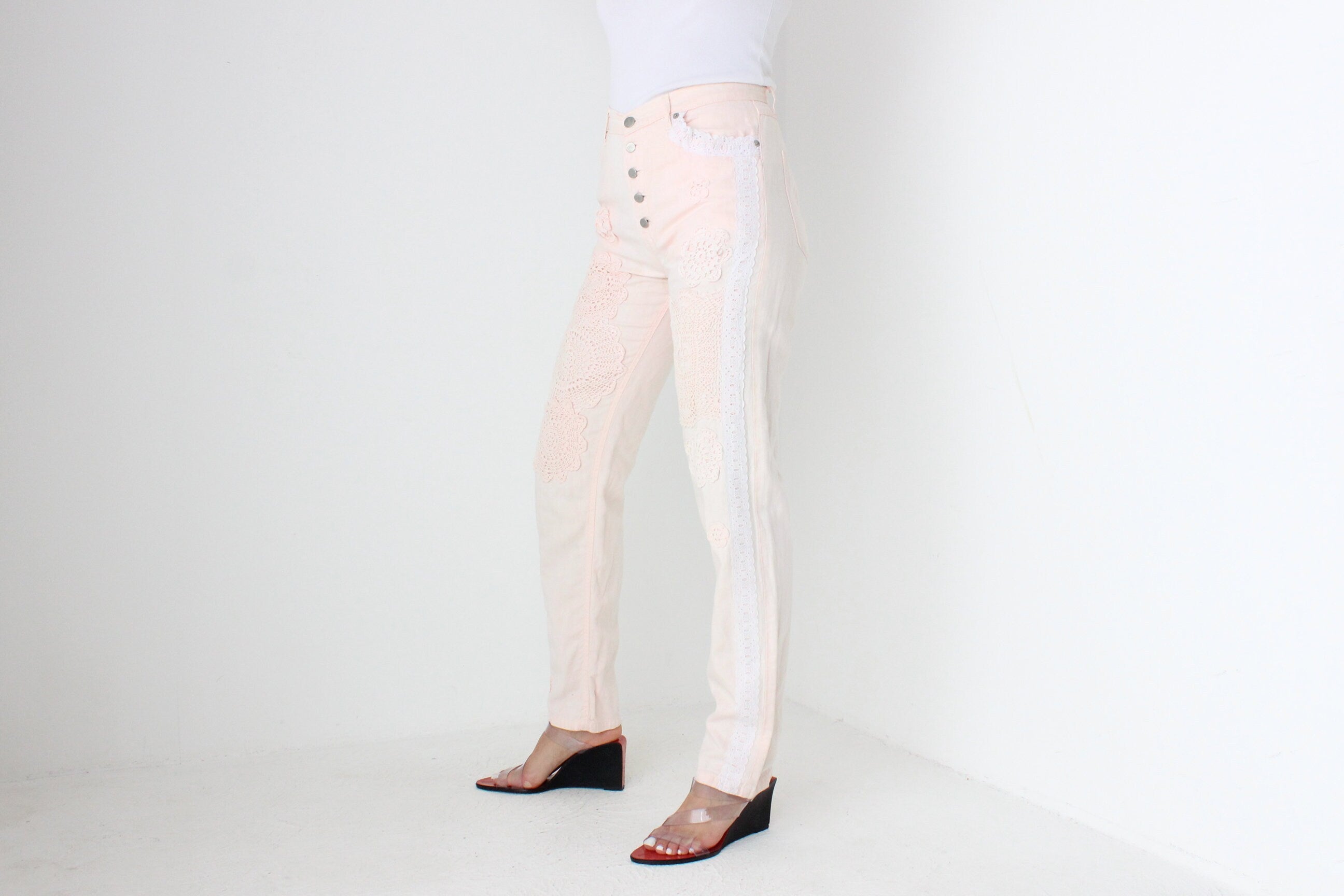 FUTURISM 90s JAG Pink Linen Jeans w/ Crochet Doily Detailing