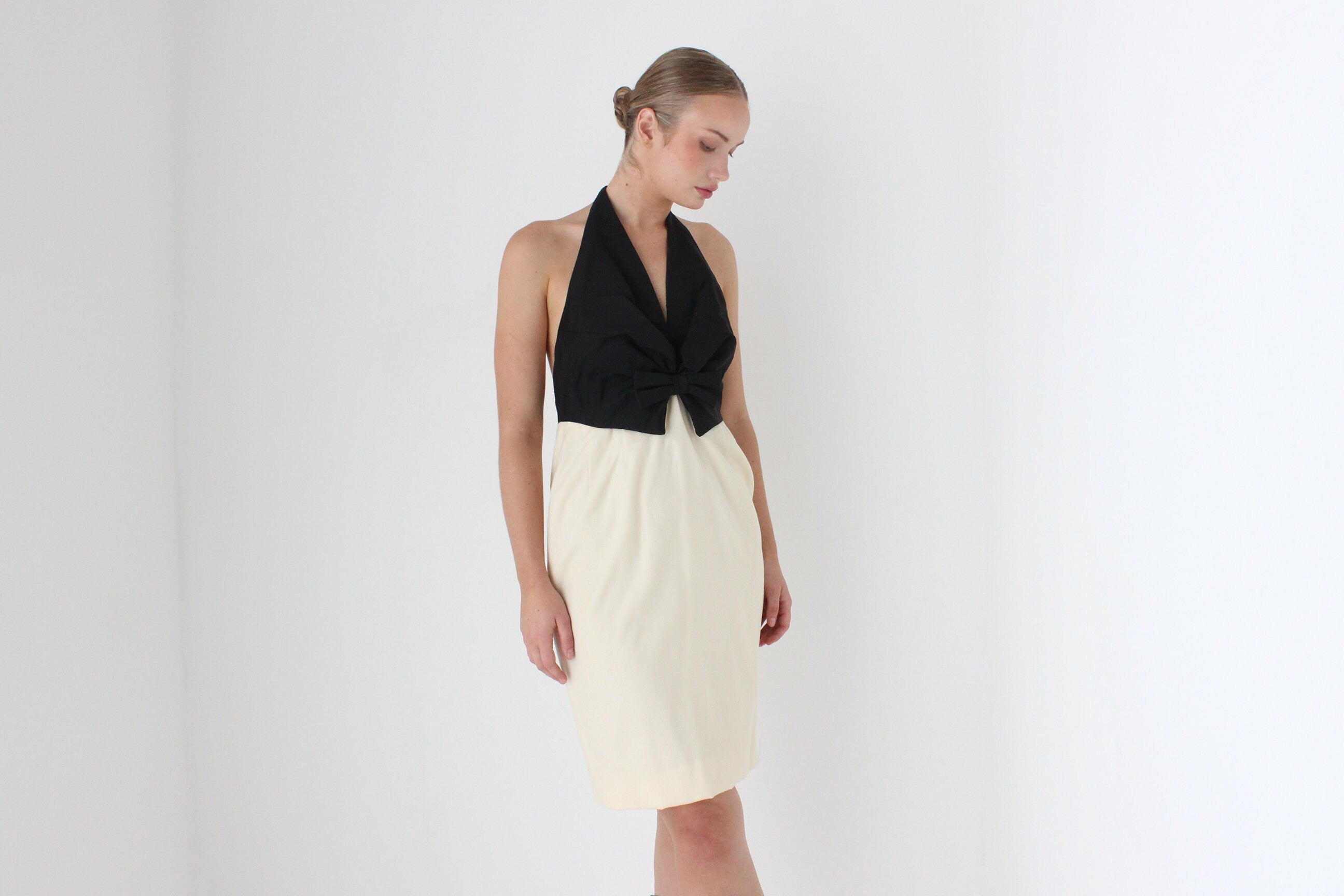 1980s BILL BLASS Silk Taffeta & Cream Wool Backless Tuxedo Cocktail Dress