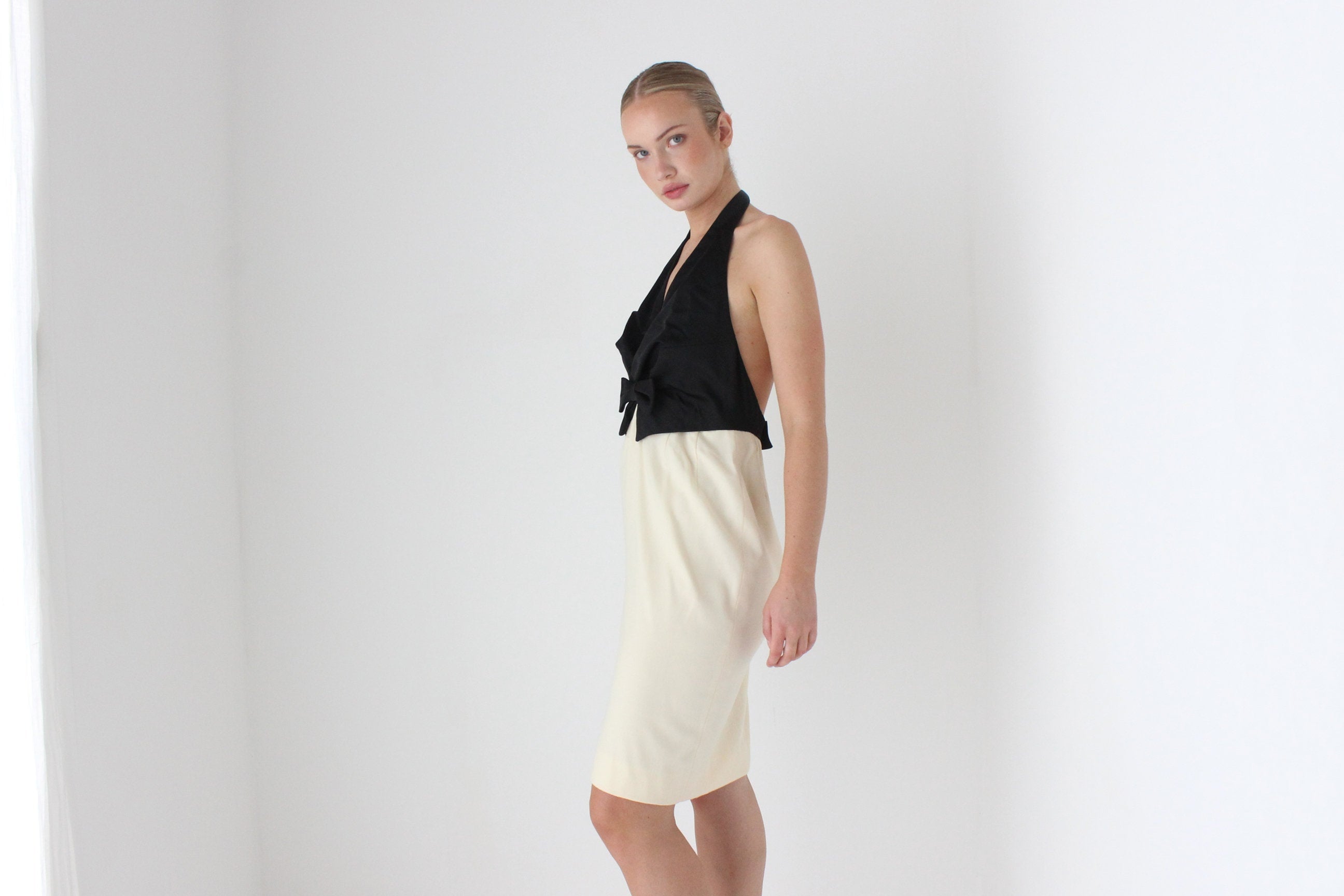1980s BILL BLASS Silk Taffeta & Cream Wool Backless Tuxedo Cocktail Dress