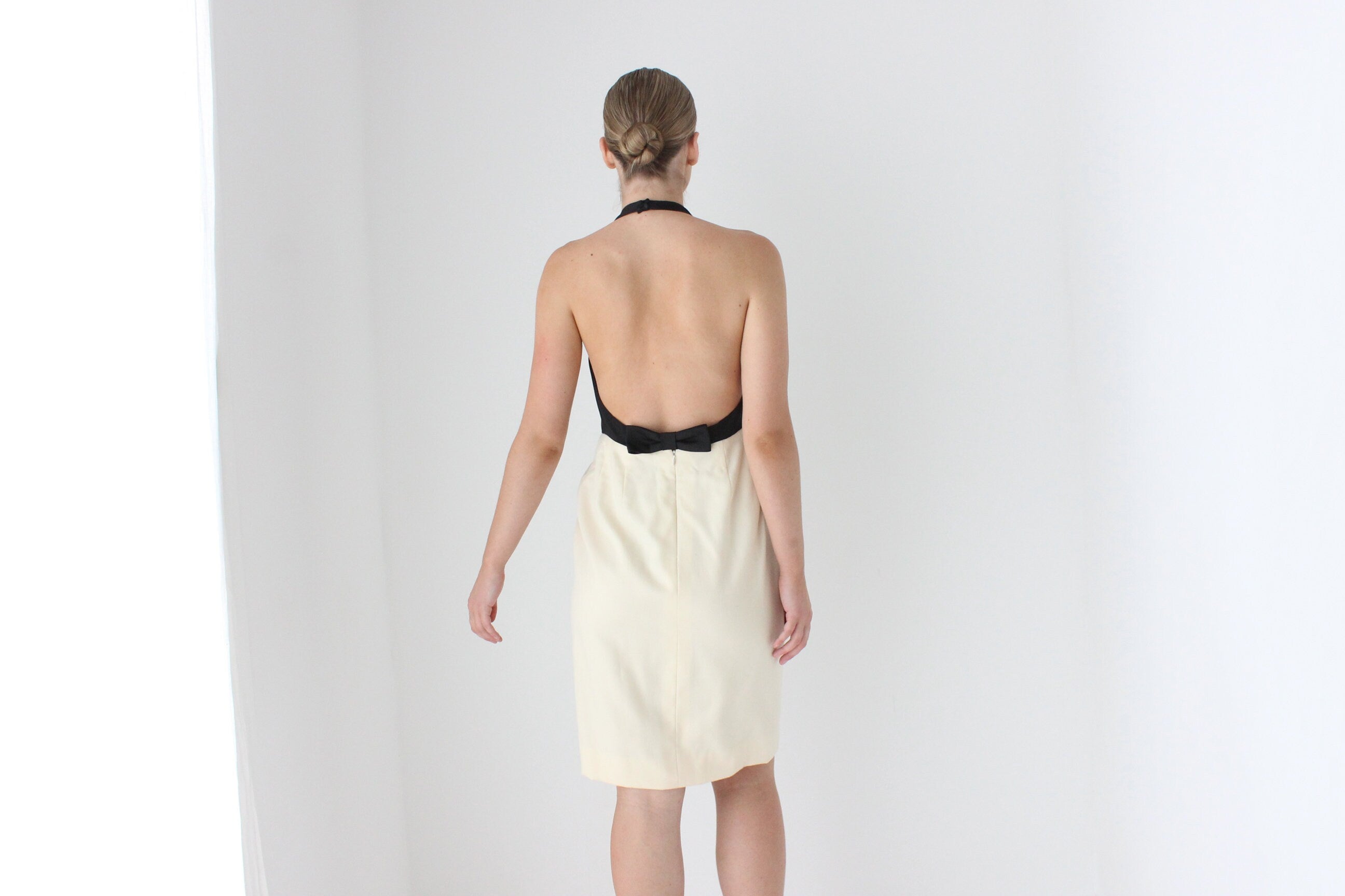 1980s BILL BLASS Silk Taffeta & Cream Wool Backless Tuxedo Cocktail Dress