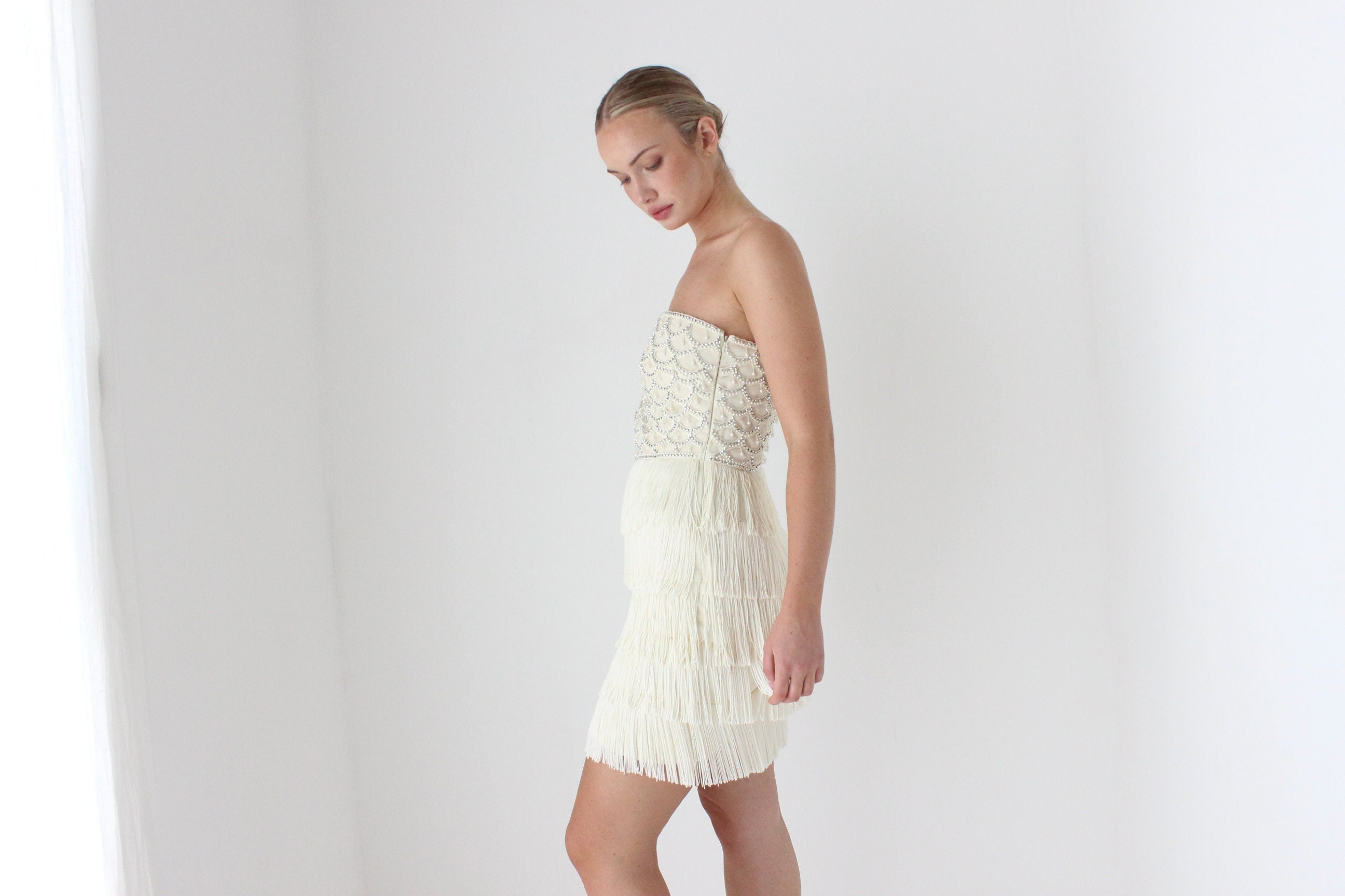 2000s Designer Cocktail Dress w/ Pearl Beading & Fringe