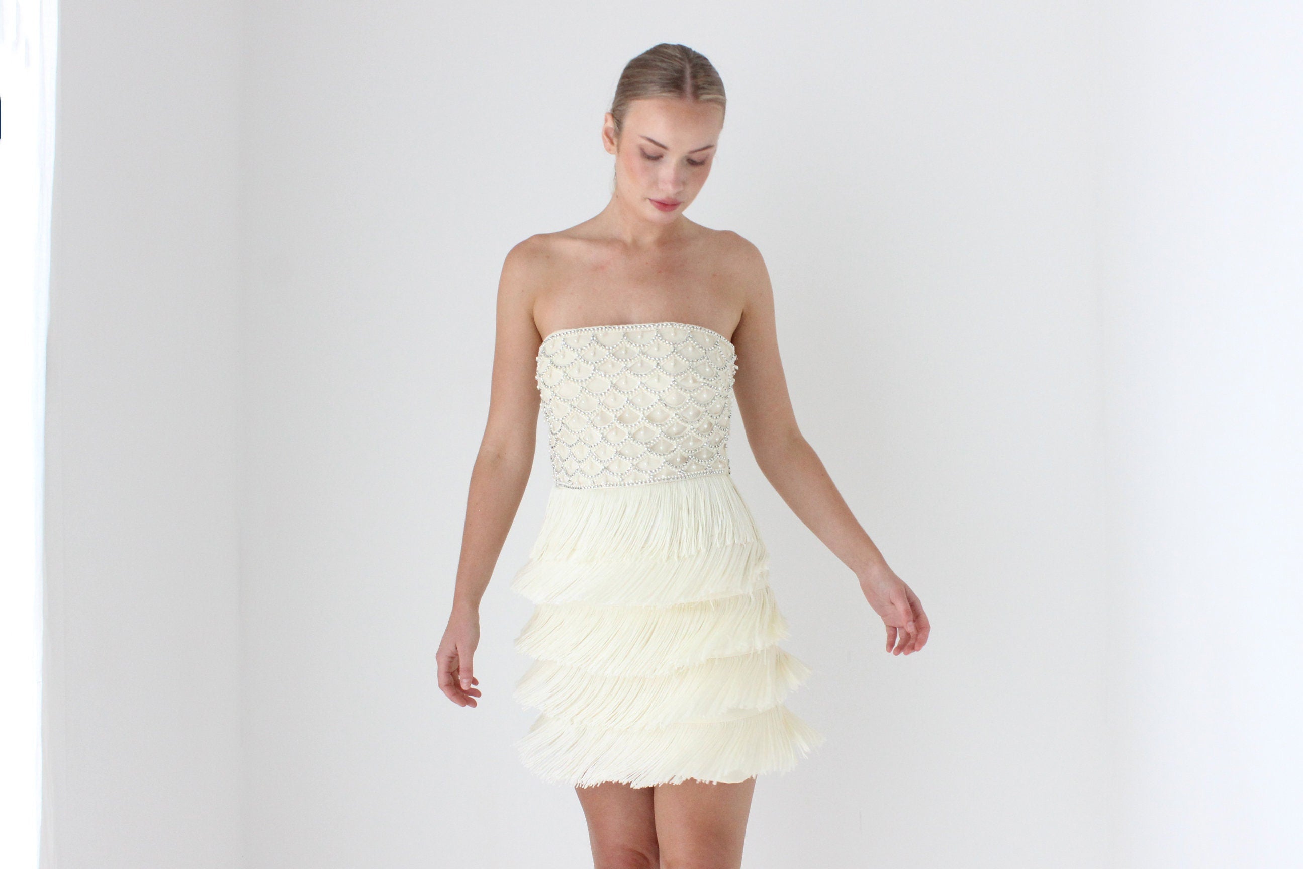 2000s Designer Cocktail Dress w/ Pearl Beading & Fringe