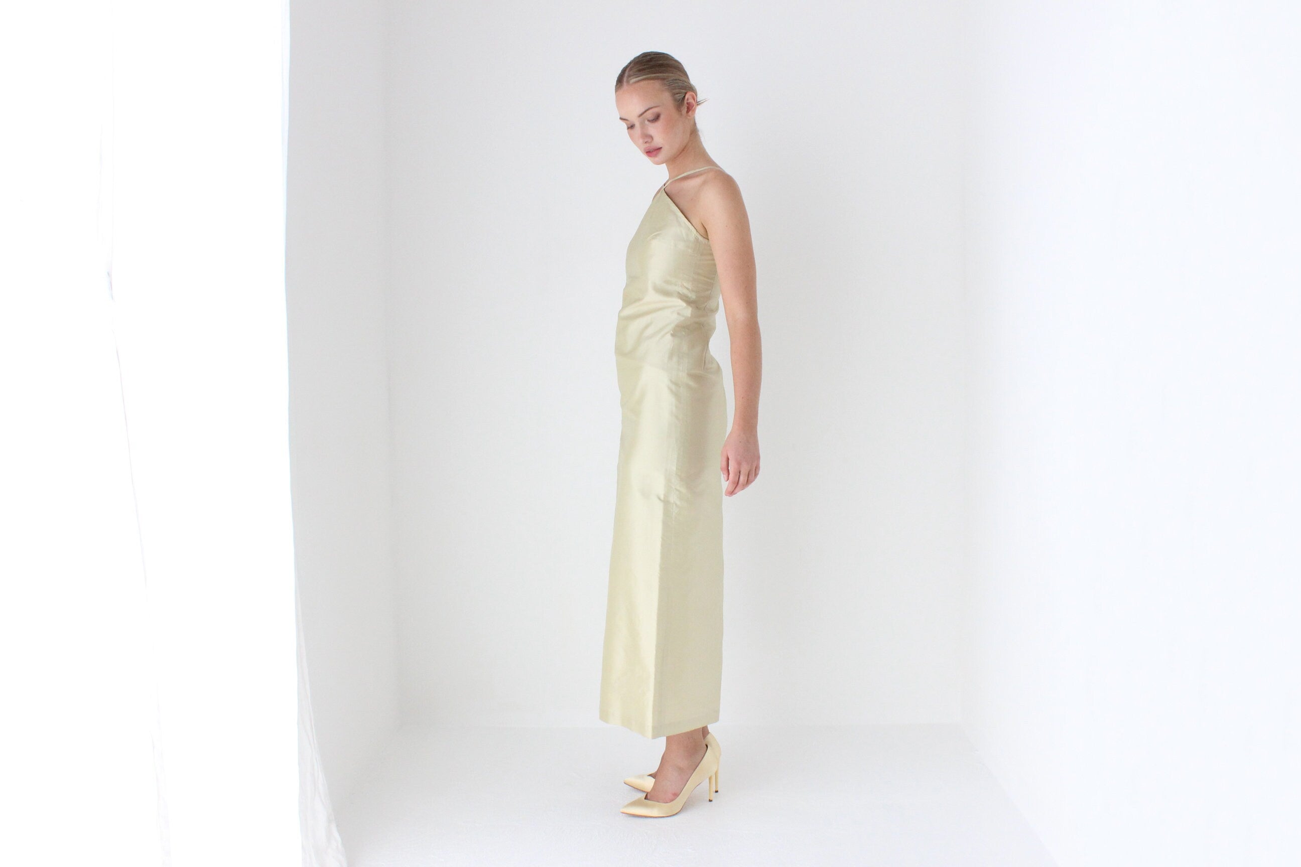 1990s Citrus Silk Taffeta Minimal Halter Gown
