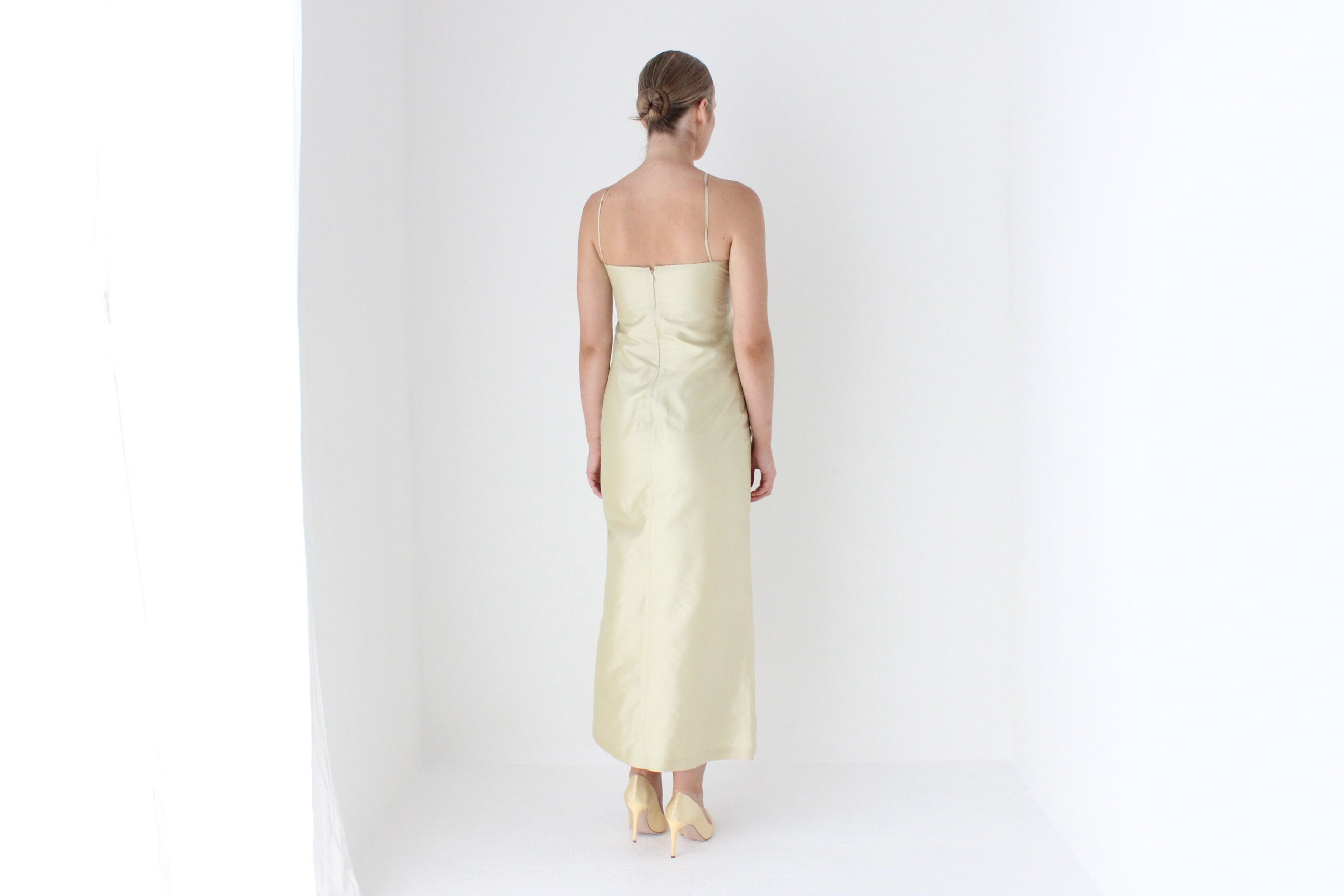 1990s Citrus Silk Taffeta Minimal Halter Gown