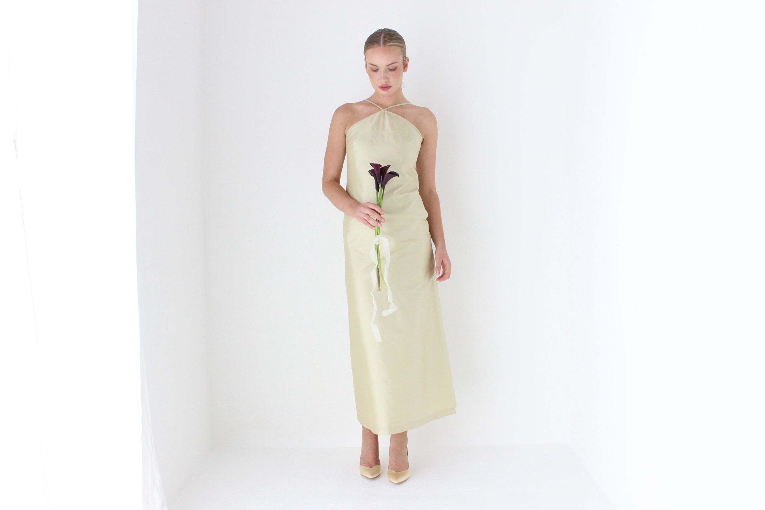 1990s Citrus Silk Taffeta Minimal Halter Gown