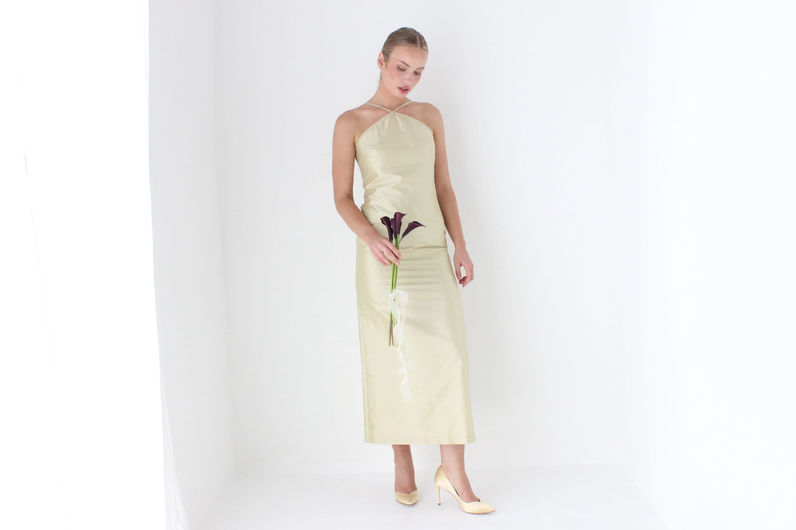 1990s Citrus Silk Taffeta Minimal Halter Gown