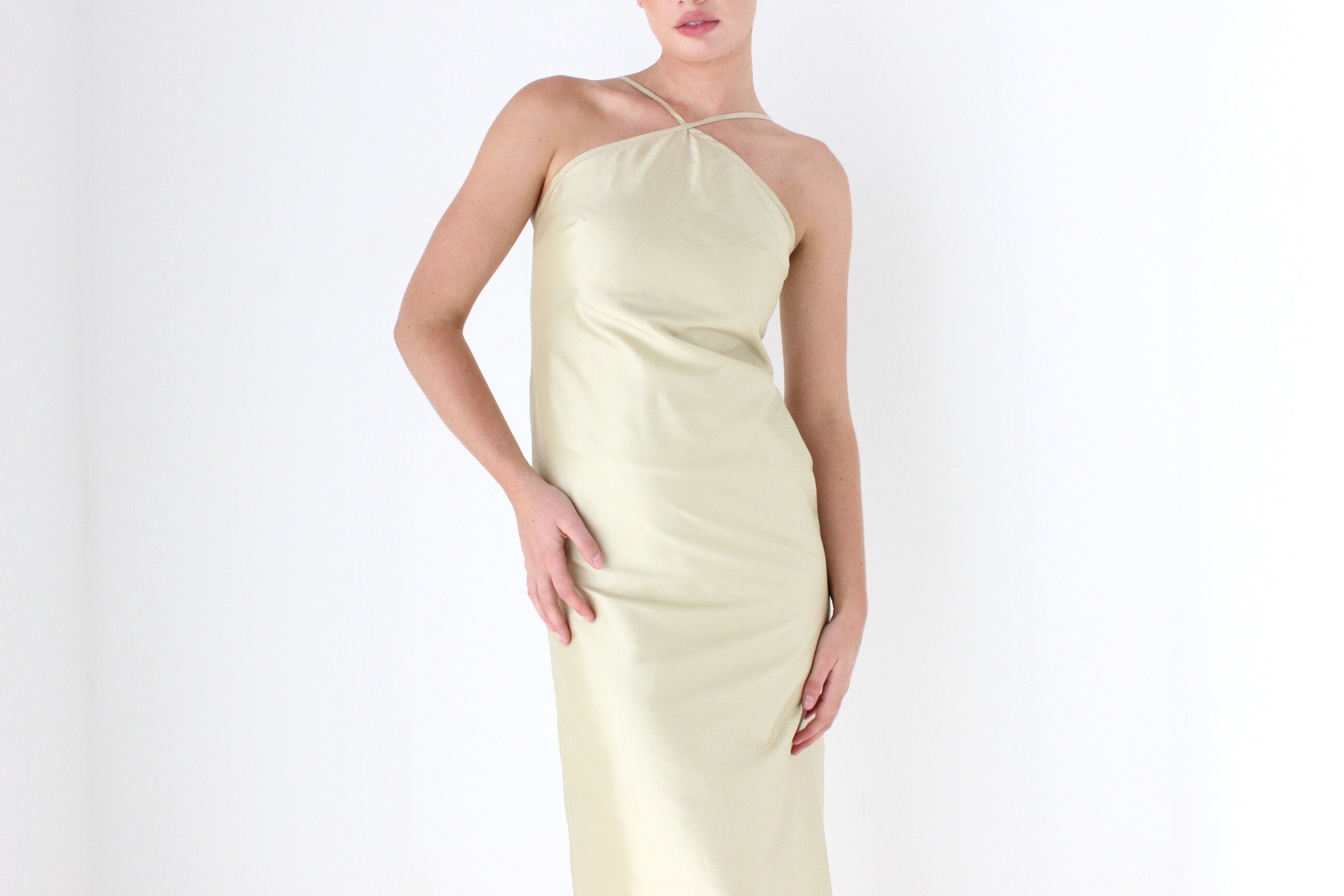 1990s Citrus Silk Taffeta Minimal Halter Gown