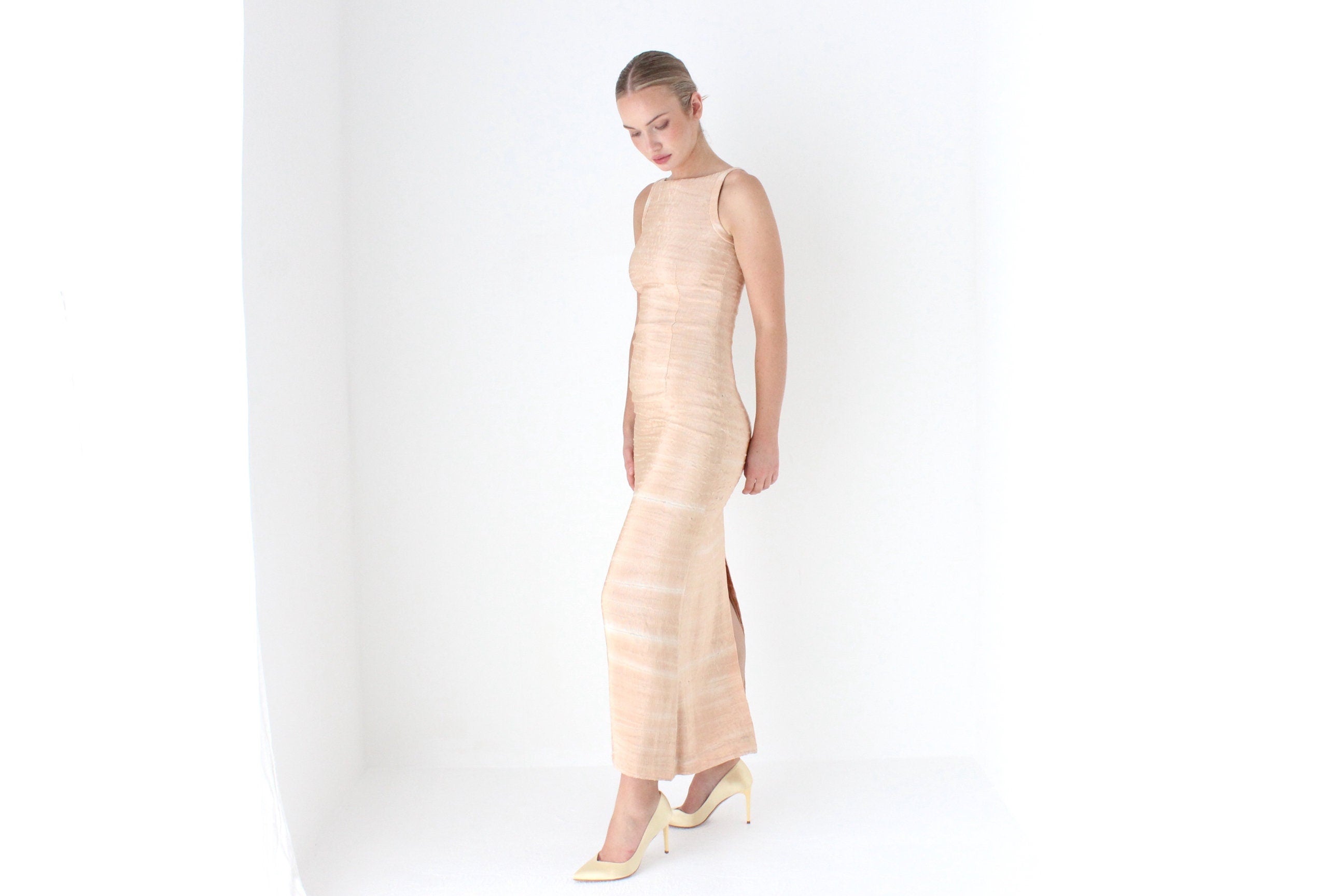 1990s Couture Giorgio Armani Luminescent Woven Column Gown
