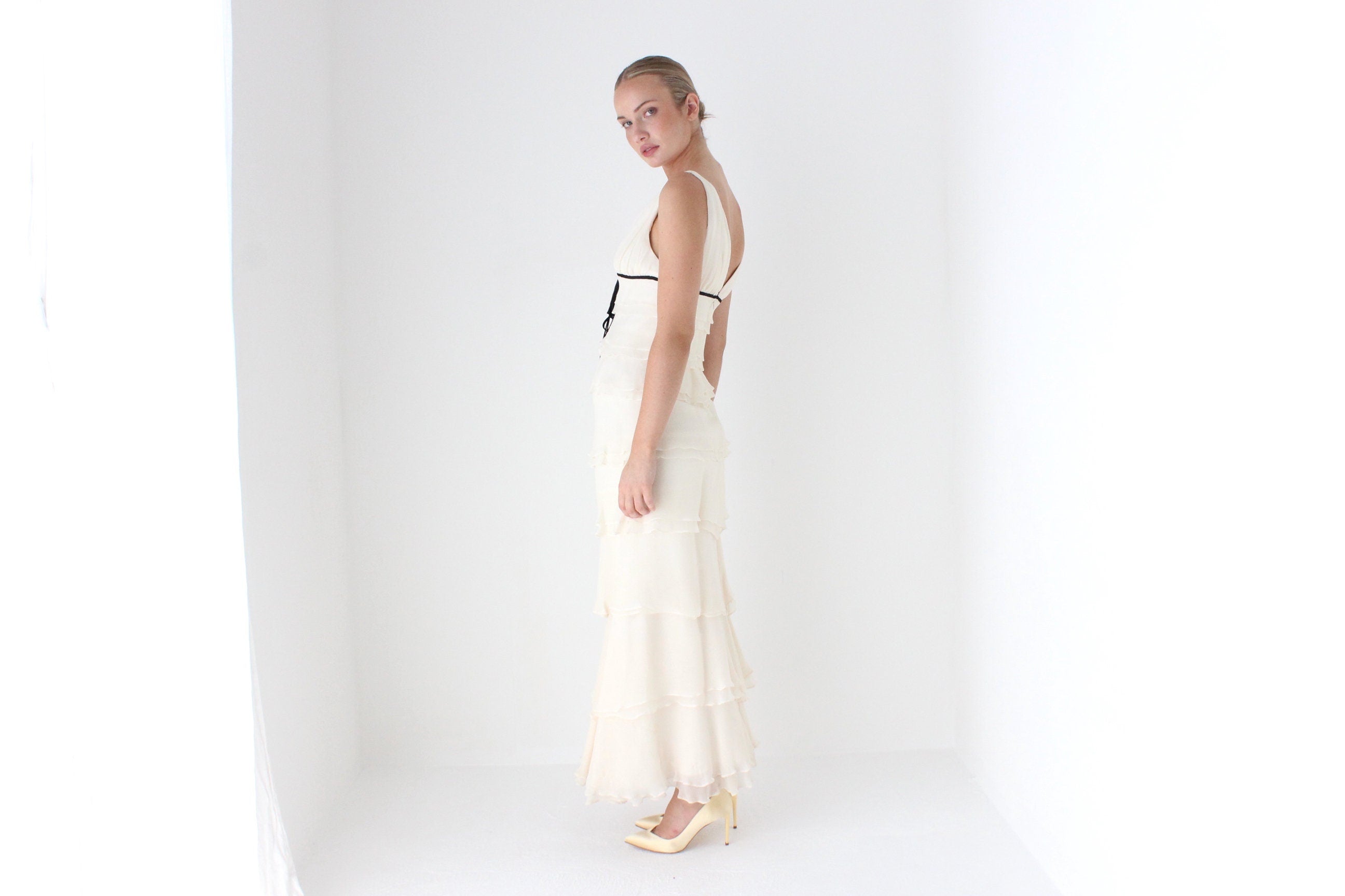 1990s Melinda Eng Romantic Cascading Silk Ruffle Wedding Gown