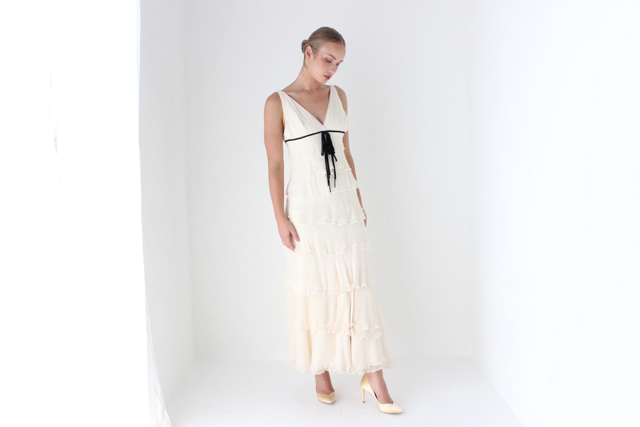 1990s Melinda Eng Romantic Cascading Silk Ruffle Wedding Gown