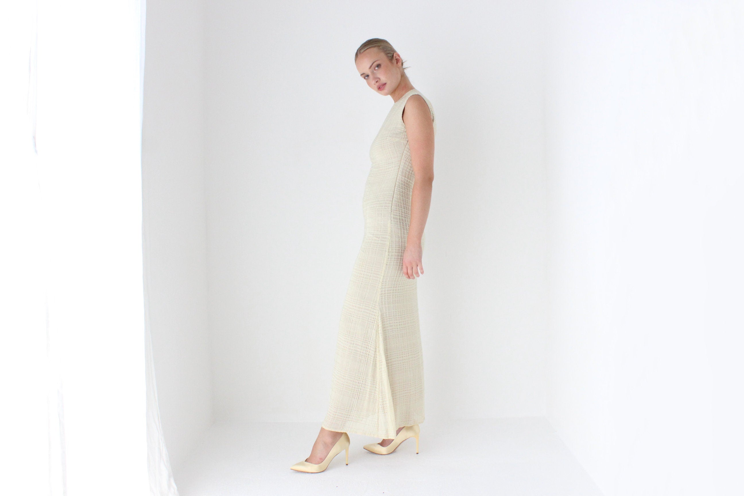 1990s Neutral Beaded Heavy Knit Designer Gown