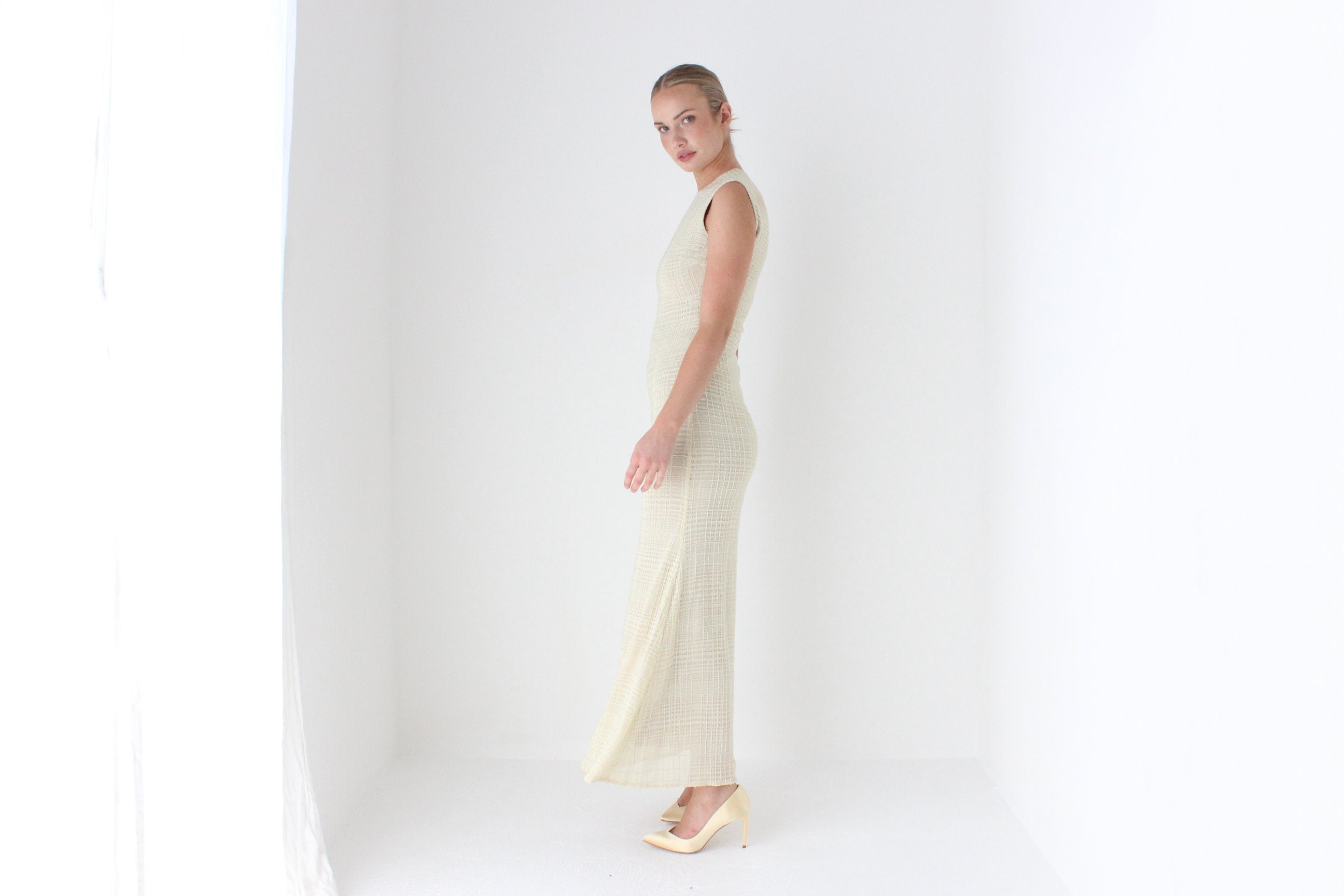 1990s Neutral Beaded Heavy Knit Designer Gown